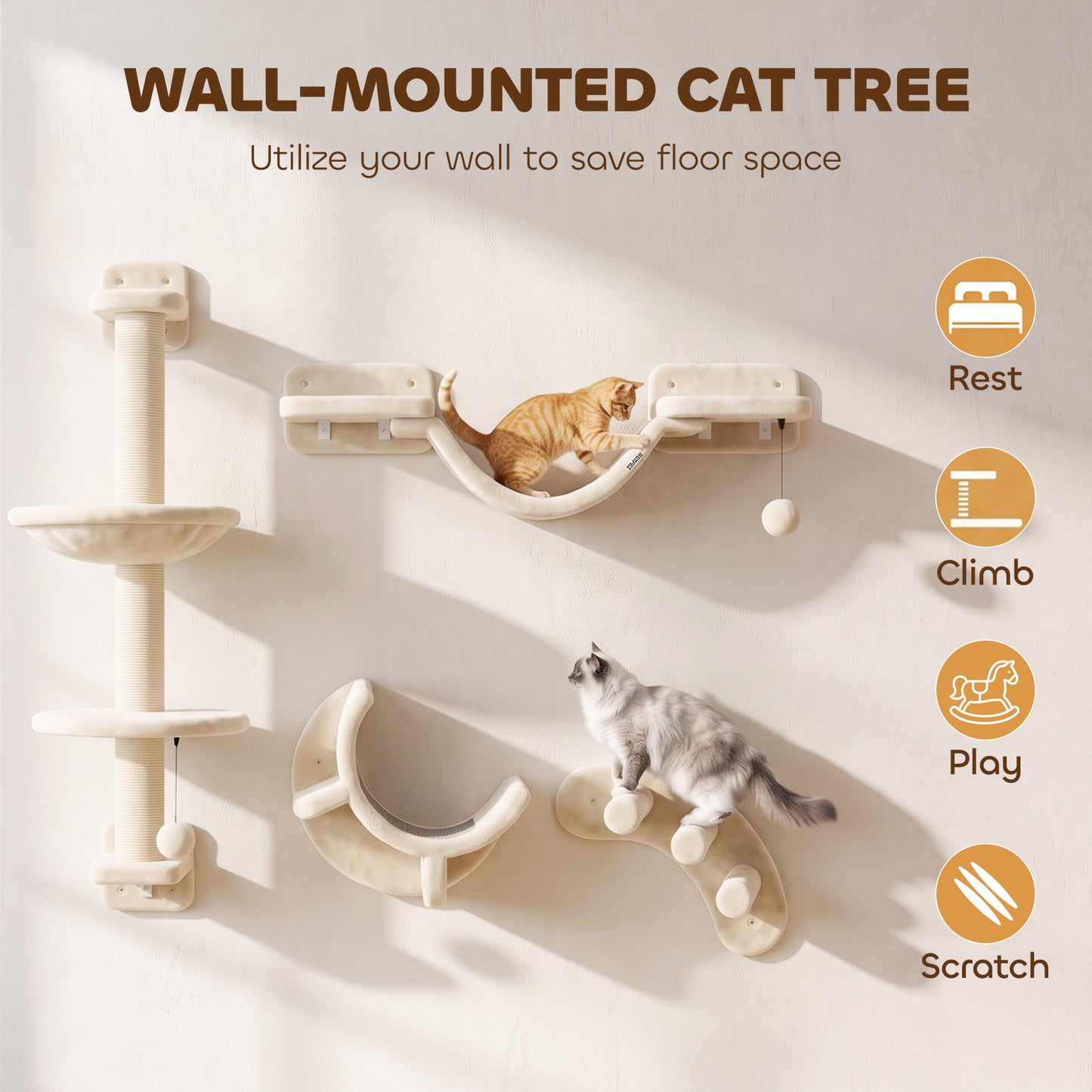 PawHut Four-Piece Cat Wall Furniture, with Hammock, Ladder, Platforms, Steps, for Indoor Use - Beige