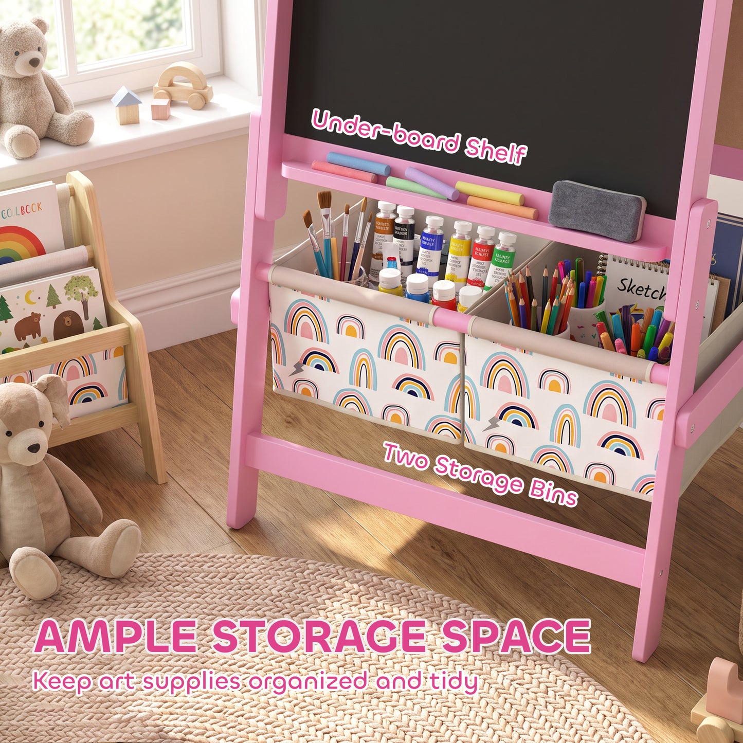 AIYAPLAY Art Easel for Kids, 3-in-1 Kids Easel with Chalkboard, Whiteboard, Paper Roll, Storage, Under-Board Shelf for 3-8, Pink