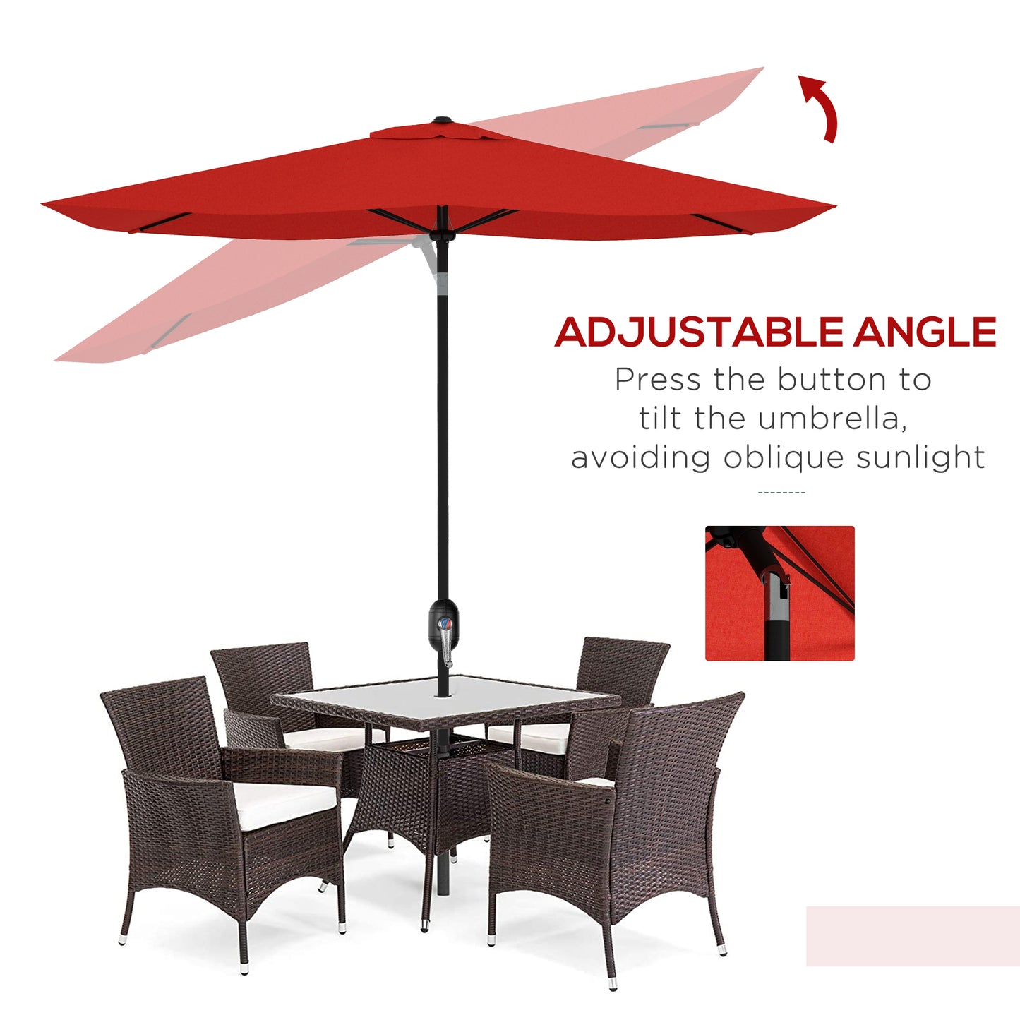 Outsunny 2x3m Garden Parasol, Rectangular Sun Shade with Crank & Tilt, Aluminium Pole, Wine Red