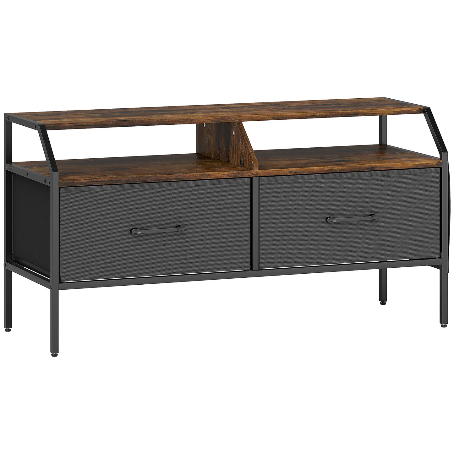 HOMCOM TV Stand Cabinet for 55-inch TVs, 2 Foldable Fabric Drawers, 5 Side Pockets, Open Shelves, Console Table, Rustic Brown