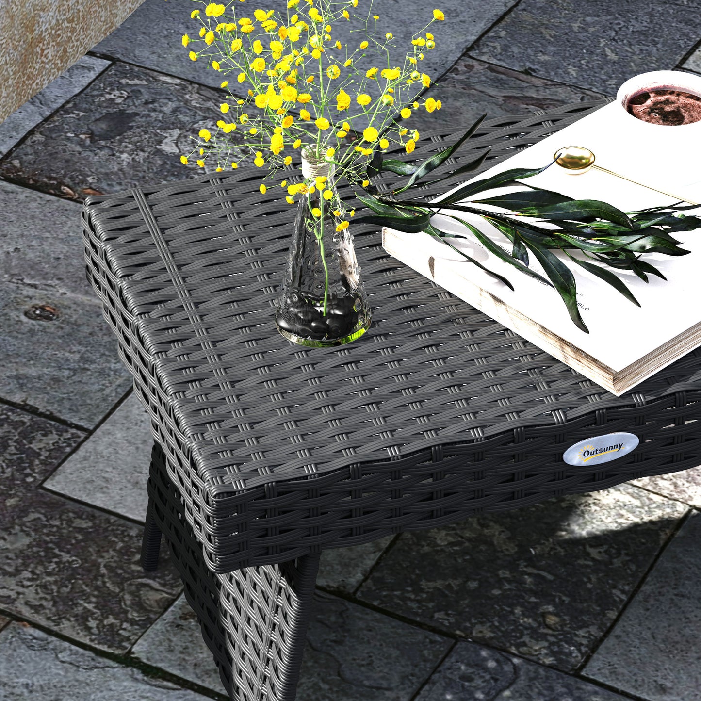 Outsunny Foldable Rattan Garden Coffee Table, Steel Frame, Space-Saving Patio/Balcony Furniture, 60x41x41 cm, Black