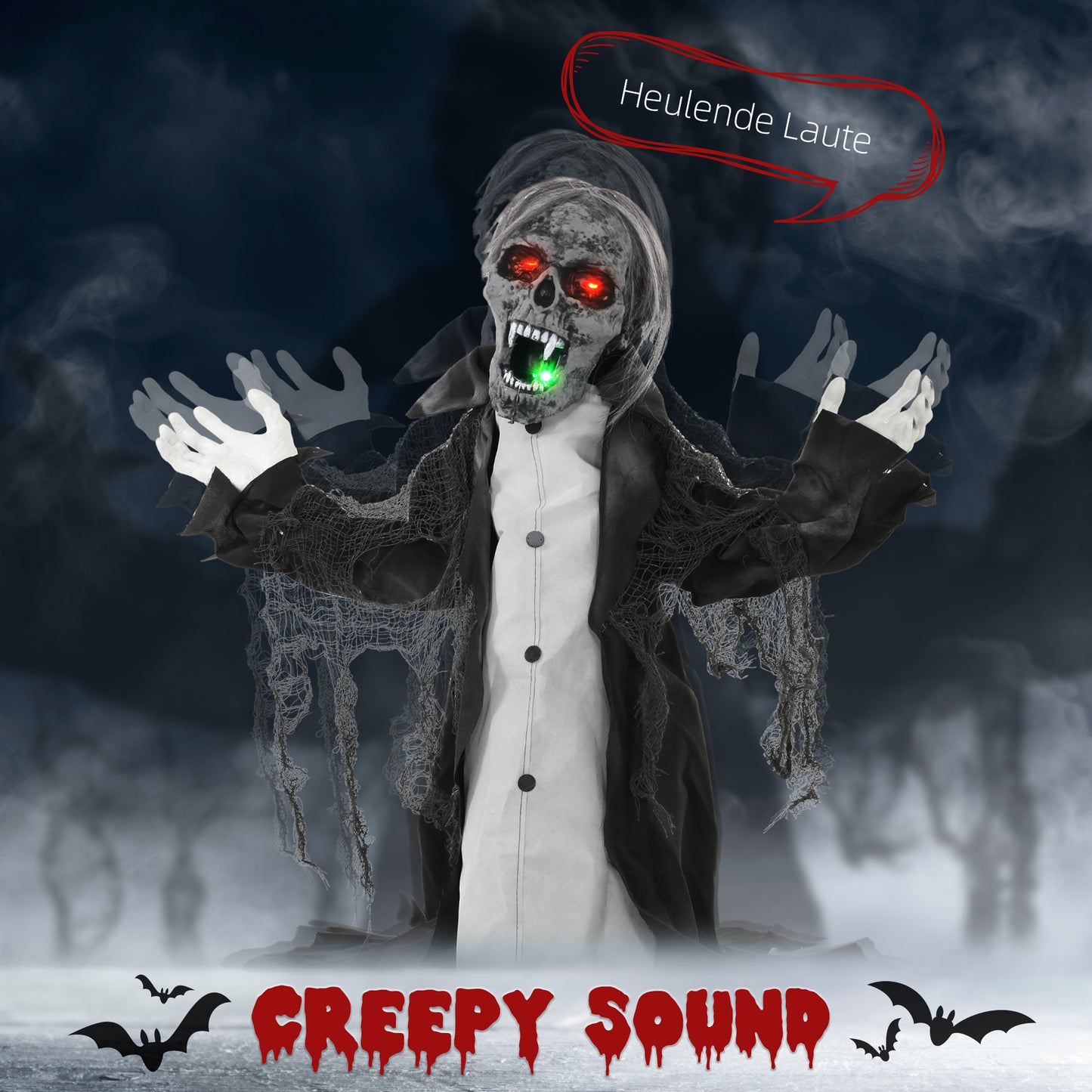 HOMCOM Halloween Animated Skeleton with Glowing LED Eyes and Mouth, Half-Body Halloween Decoration, Battery Operated