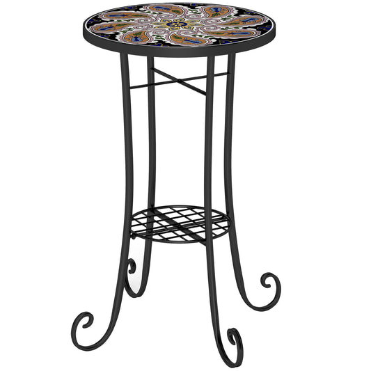 Outsunny Mosaic Garden Table, 35.5 cm Round Outdoor Ceramic Tile Top, Patio/Balcony End Table, Orange
