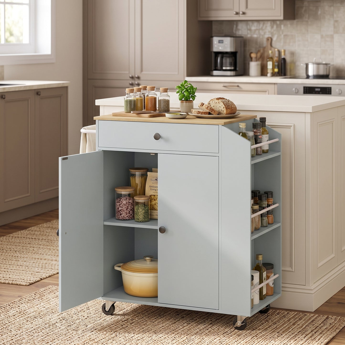 HOMCOM Rolling Kitchen Island with 3-Tier Spice Rack, Kitchen Storage Cart with Drawer and Towel Rack, Light Blue
