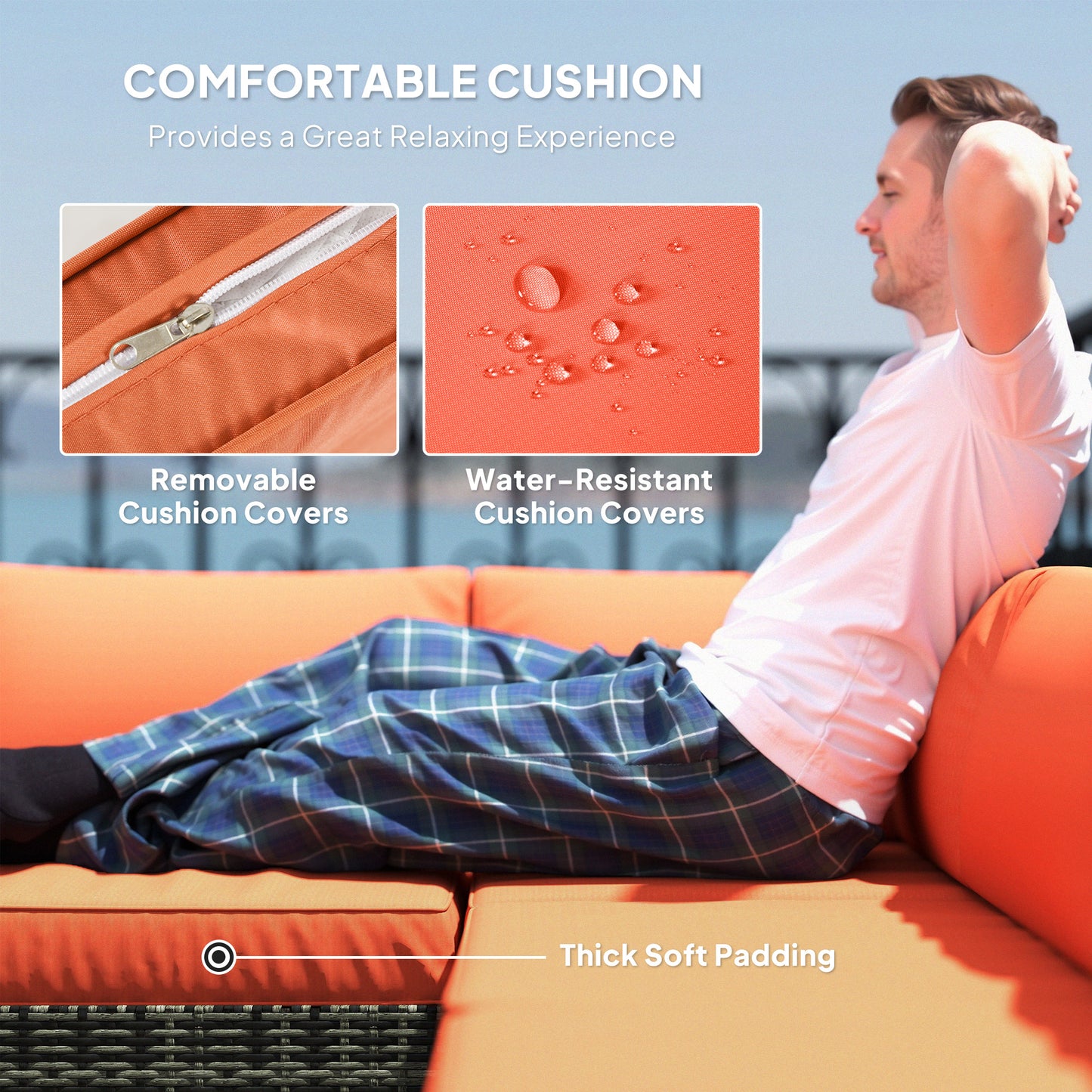 Outsunny Rattan Garden Furniture Set, Sofa & Coffee Table, Orange