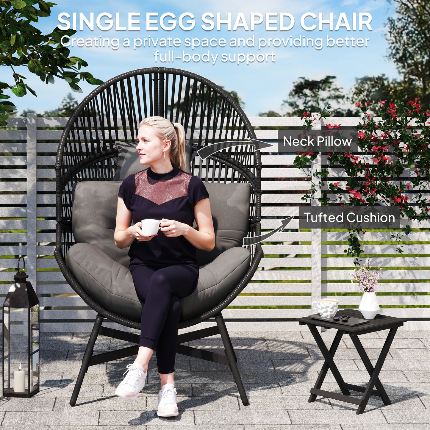 Outsunny Rattan Egg Chair, Oversized Freestanding Garden Chair with Cushion, Headrest, Steel Frame for Indoor/Outdoor Use, Charcoal Grey