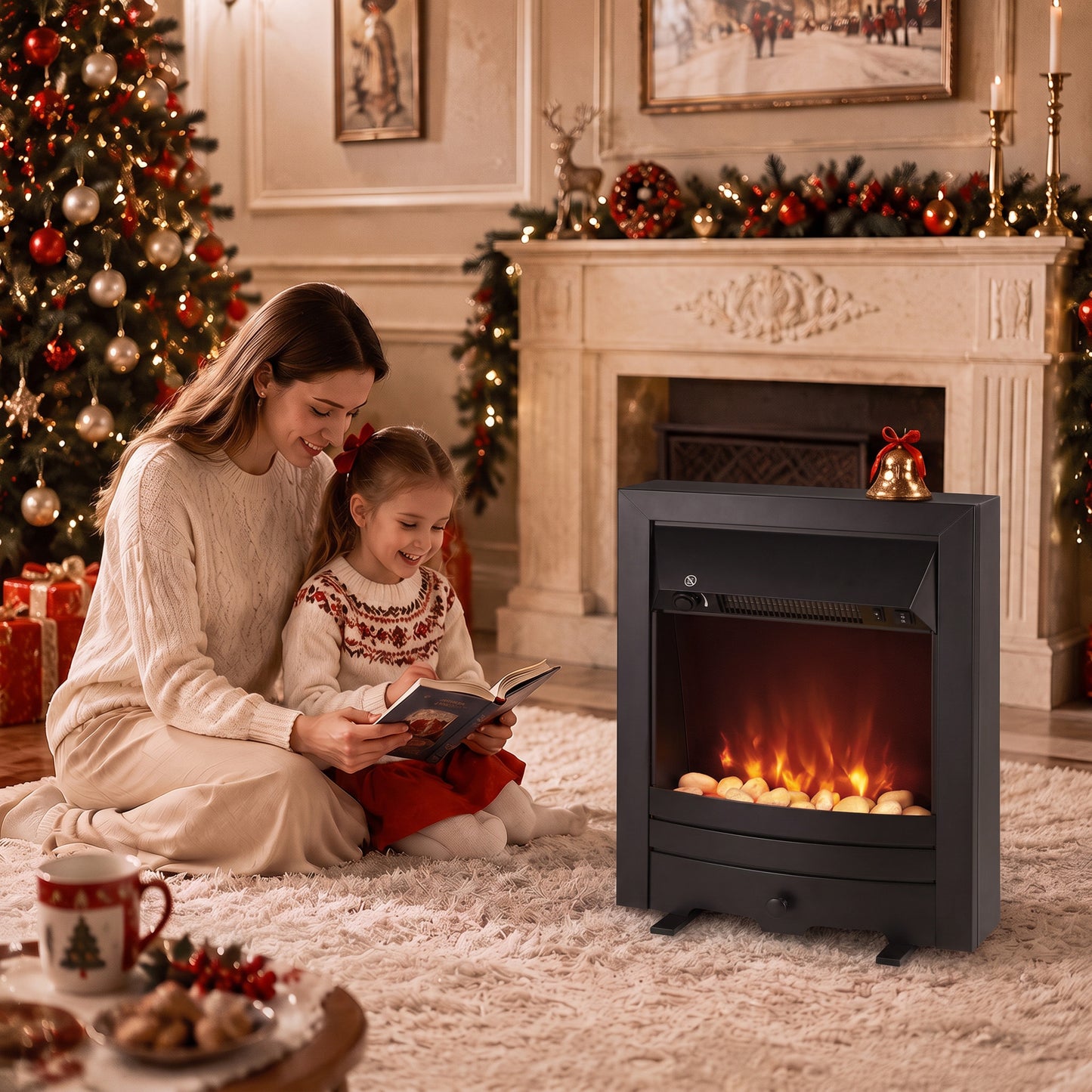 HOMCOM Electric Fireplace Stove Freestanding/Inset, 2000W, Electric Fire with LED Flame, Pebbles, Adjustable Thermostat, Black