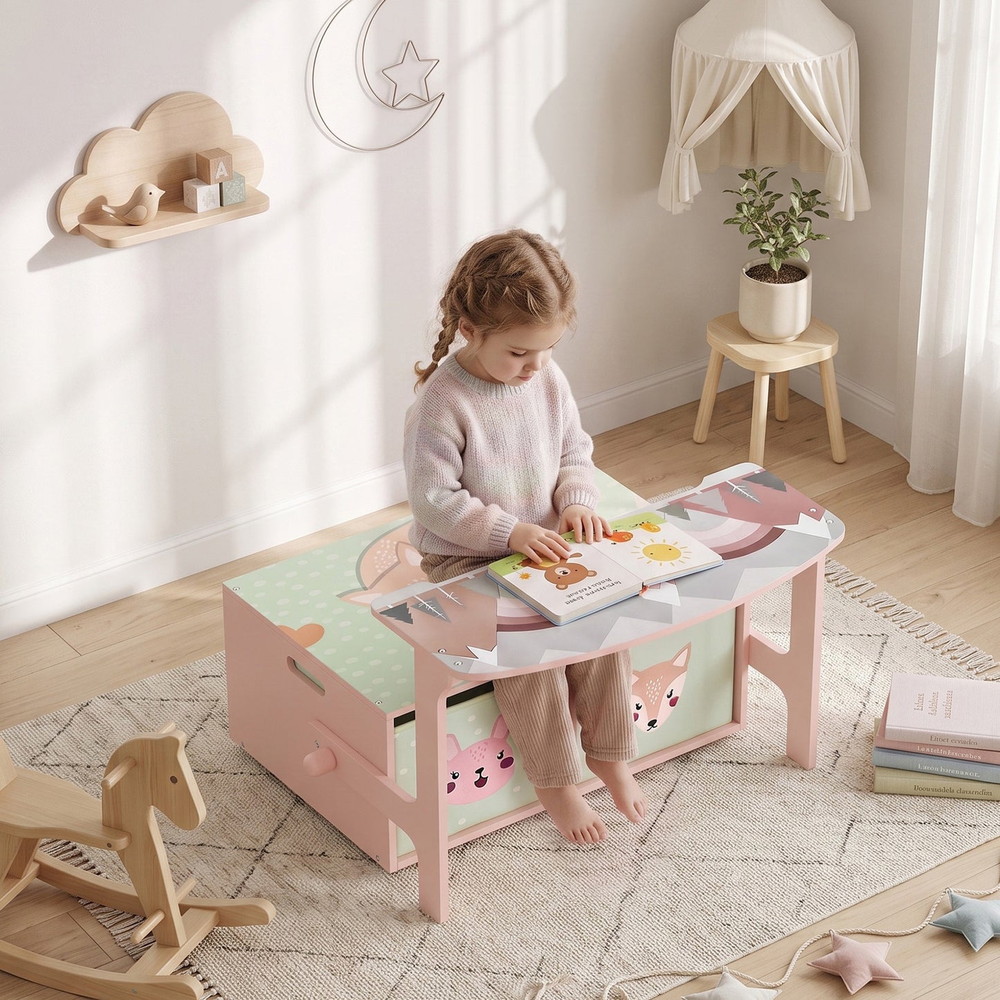 AIYAPLAY Kids Table and Chair Set, 3 in 1 Wooden Toy Box with 2 Fabric Drawers for Bedroom, Playroom, Gift for Boys Girls, Pink