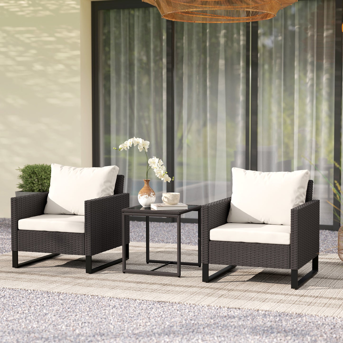 Outsunny 3-Piece Rattan Bistro Set with Cushions, Wicker Furniture, Glass Coffee Table & Chairs for Patio, Balcony, Terrace, Brown