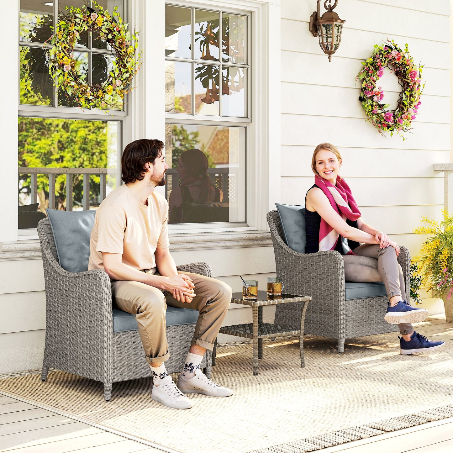 Outsunny Rattan Garden Chairs Set of 2, Outdoor Chairs with Cushions, Armrests, High Back, Steel Frame for Balcony, Porch, Light Grey