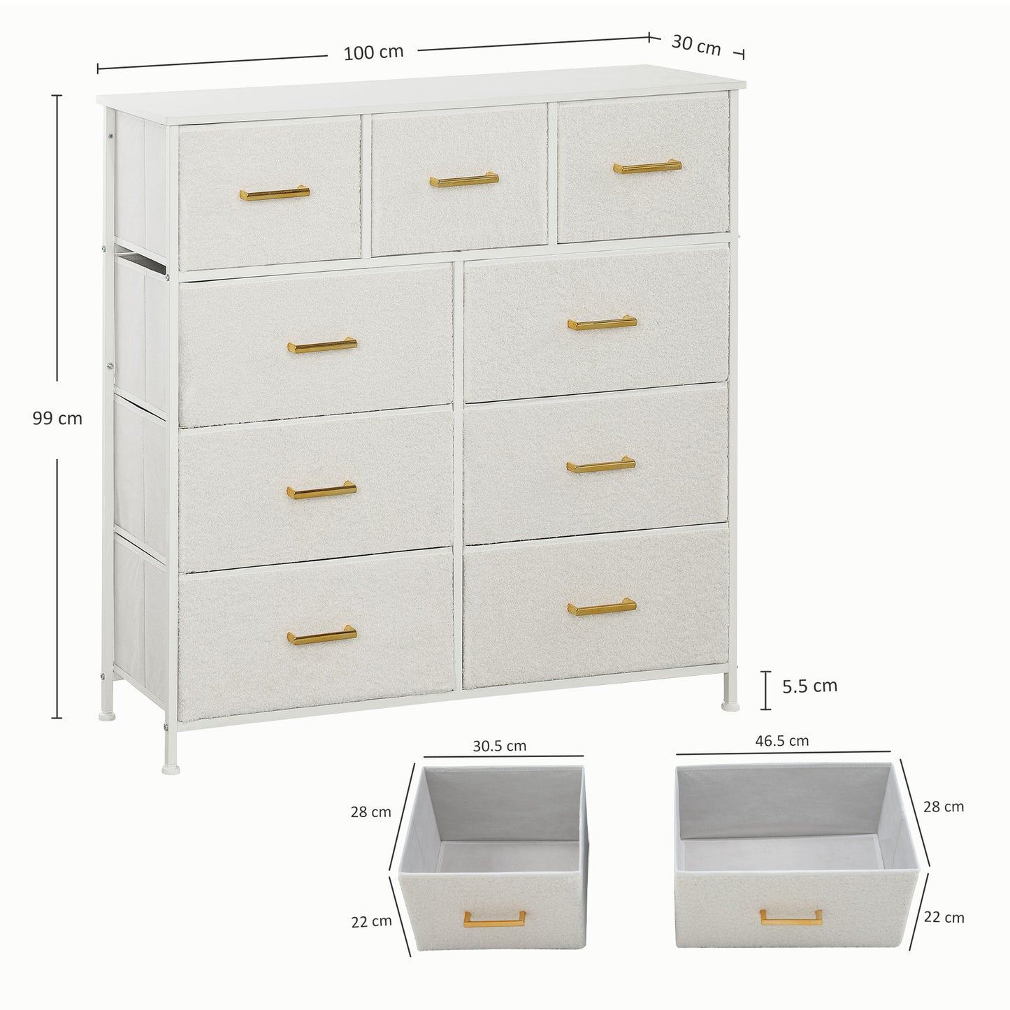 HOMCOM Chest of Drawers with 9 Fabric Drawers, Boucle Storage Organizer, Steel Frame, Fabric Dresser for Bedroom, Cream White