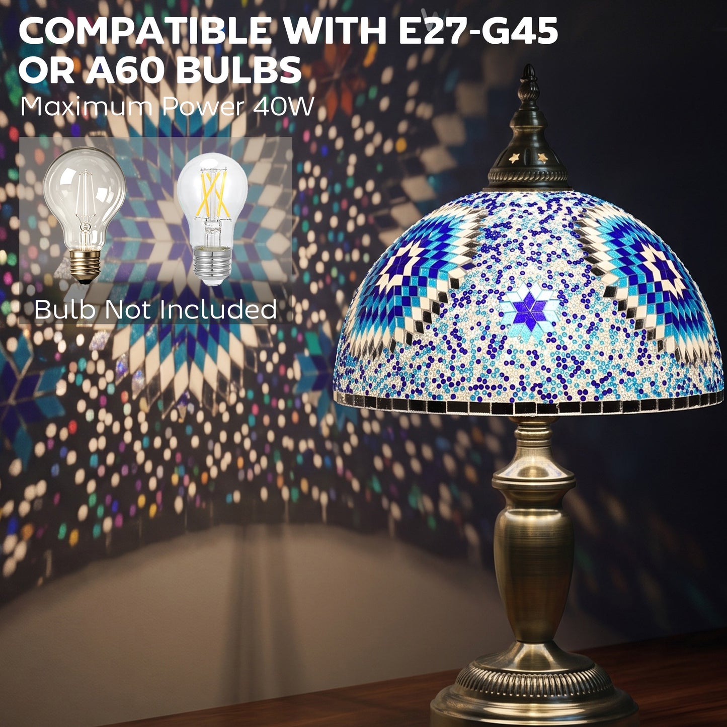 HOMCOM 30cm Tiffany Lamp, Stained Glass Bedside Table Lamp with Button Switch and Metal Base, Blue