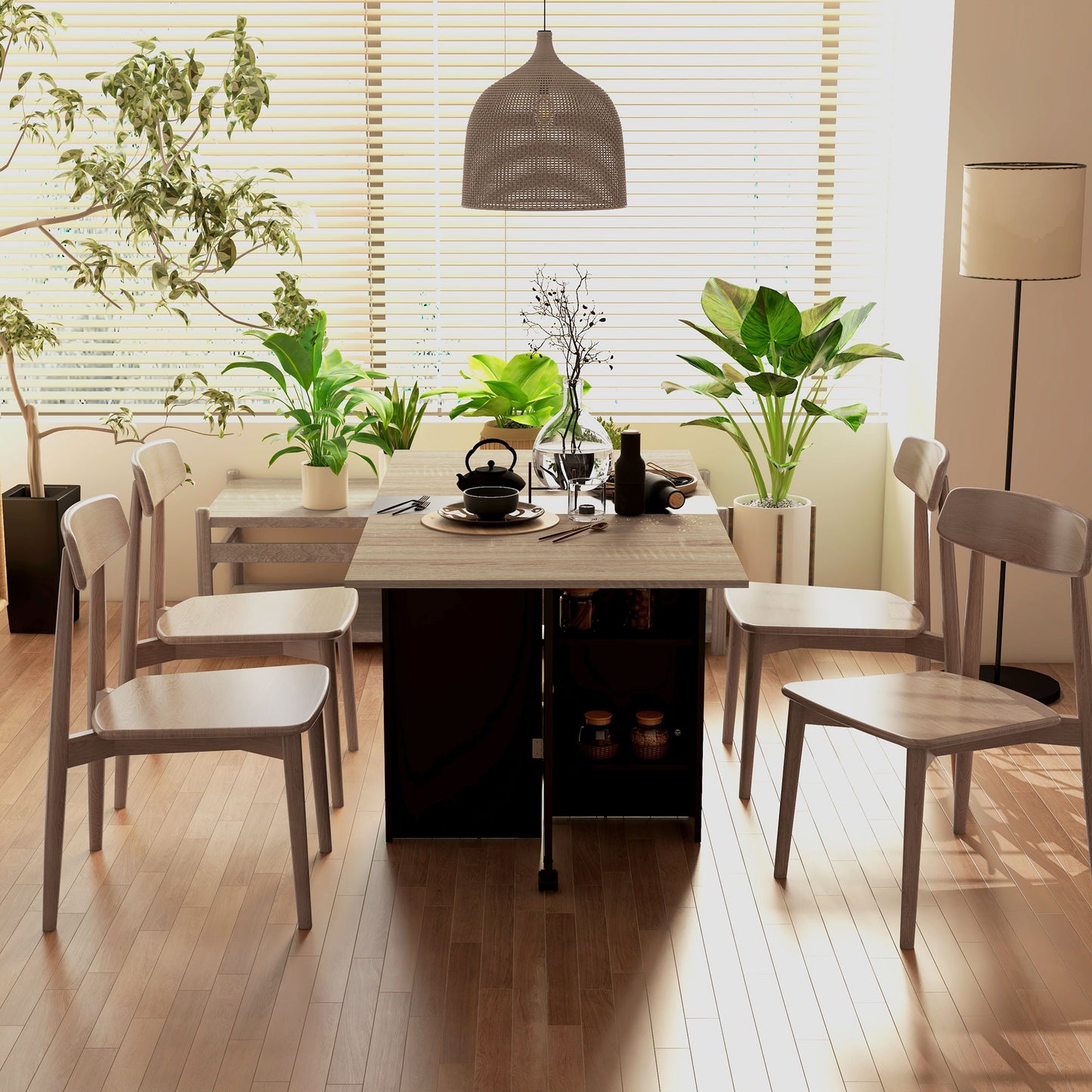 HOMCOM Folding Dining Table, Drop Leaf Design, 2-Tier Shelves, Rolling Casters, Oak and Black