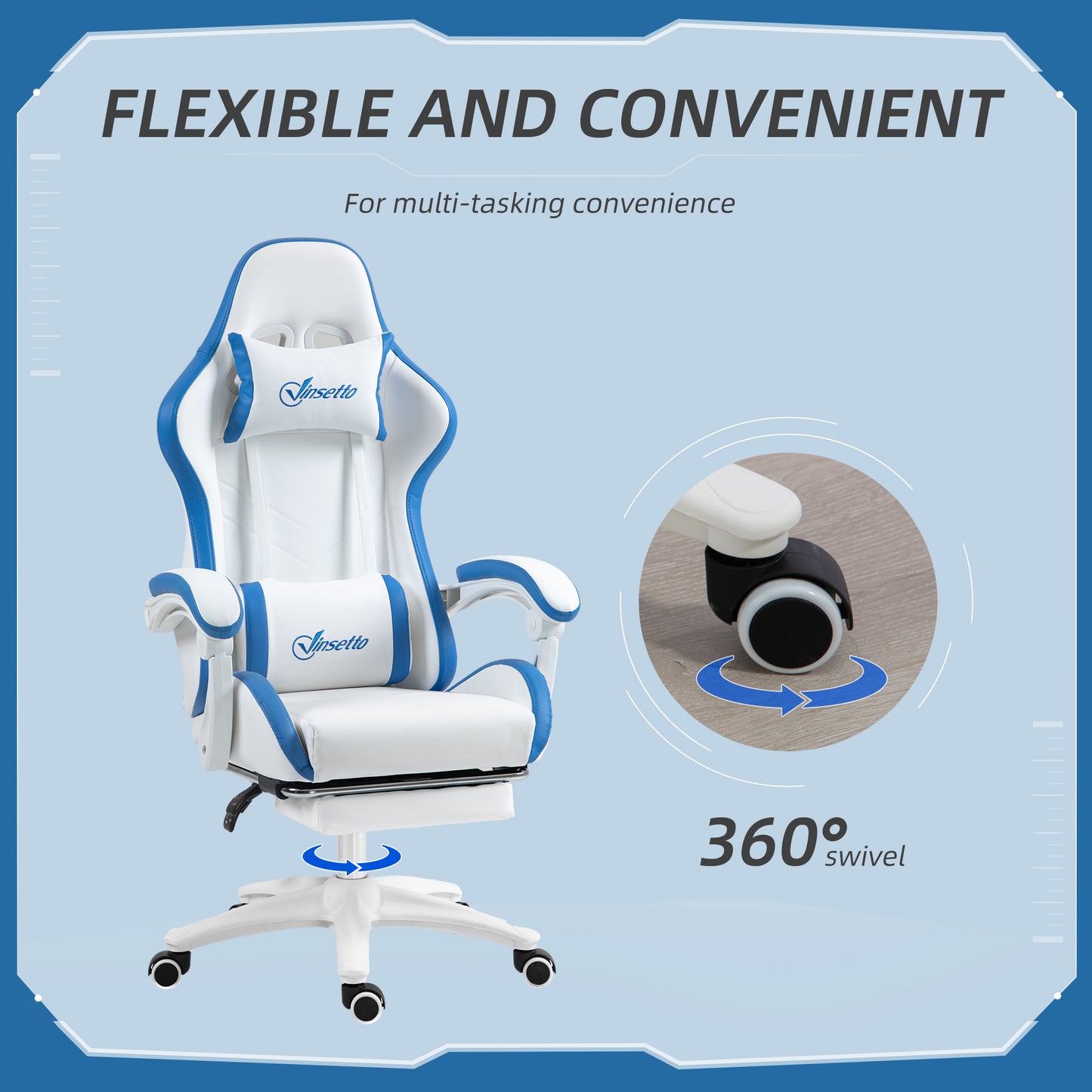Vinsetto Racing Gaming Chair, Reclining PU Leather Computer Chair with 360 Degree Swivel Seat, Footrest, Removable Headrest and Lumber Support, White and Blue