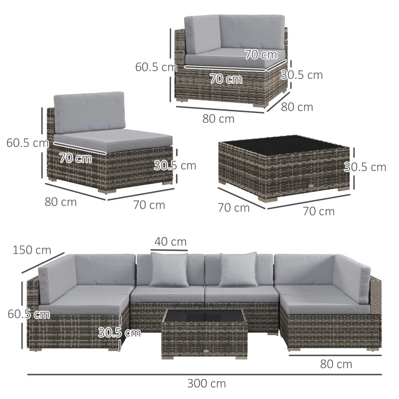 Outsunny 7 Pieces PE Rattan Garden Furniture Set with Thick Padded Cushion, Patio Garden Corner Sofa Sets with Glass Coffee Table and Pillows, Buckle Structure, Grey