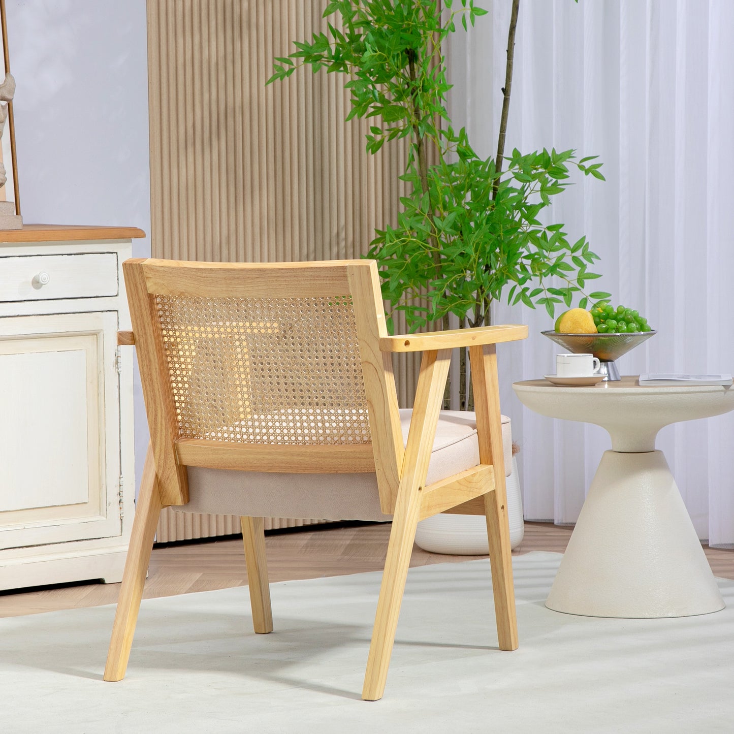HOMCOM Bohemian Armchair, Fabric Seat, Rattan Back, Rubber Wood Frame, Natural Finish