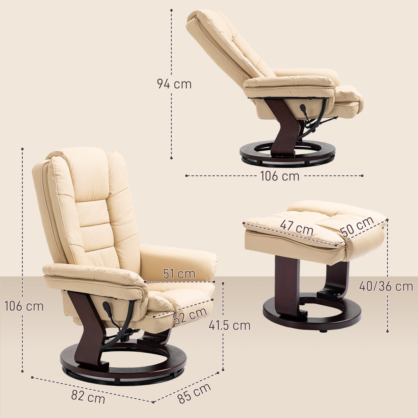 HOMCOM Faux Leather Extra-Padded Reclining Chair & Footstool Beige