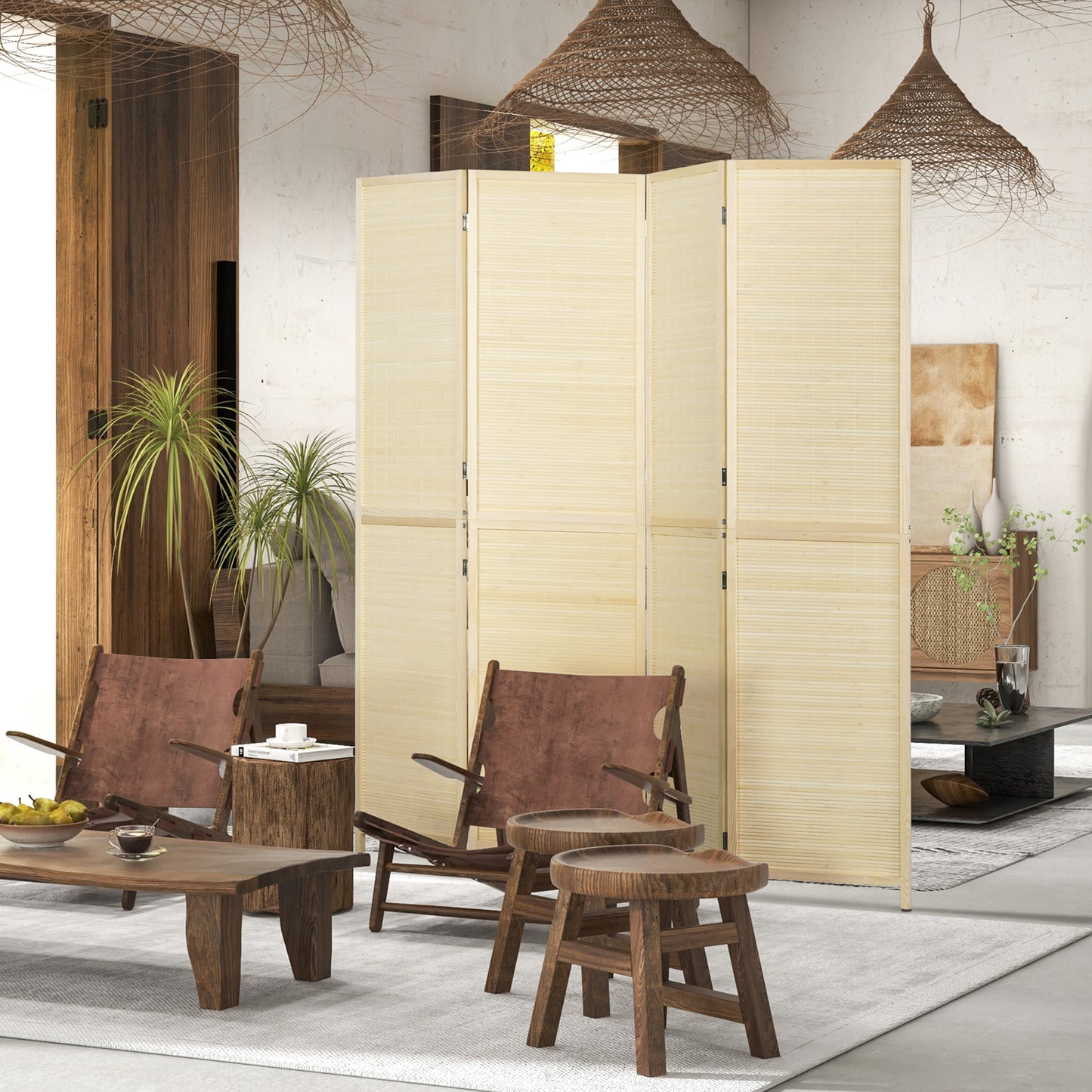 HOMCOM Bamboo Wood 4-Panel Room Divider 180 x 180 cm Room Separator Folding Partition - Natural