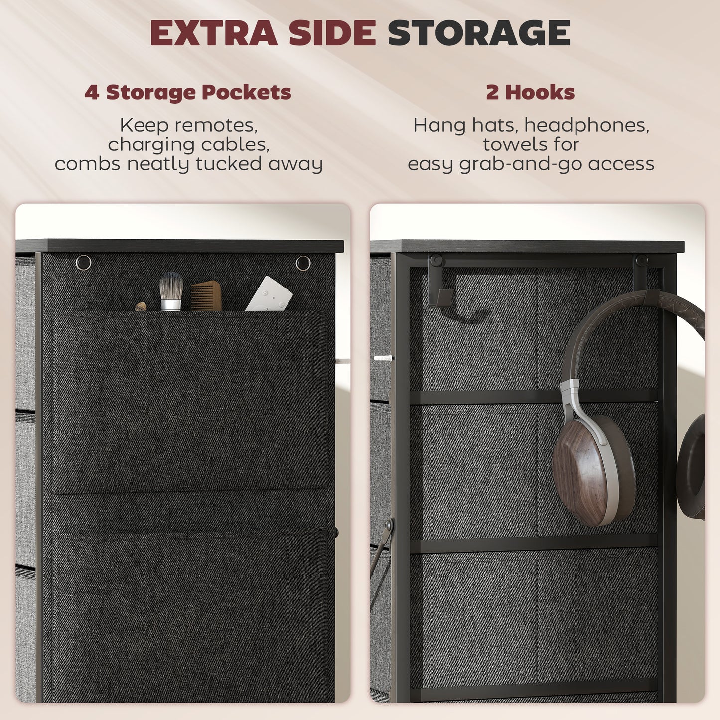 HOMCOM Chest of Drawers, Dresser with 10 Fabric Drawers, Tall Storage Unit with 4 Pockets and 2 Hooks Steel Frame, Grey