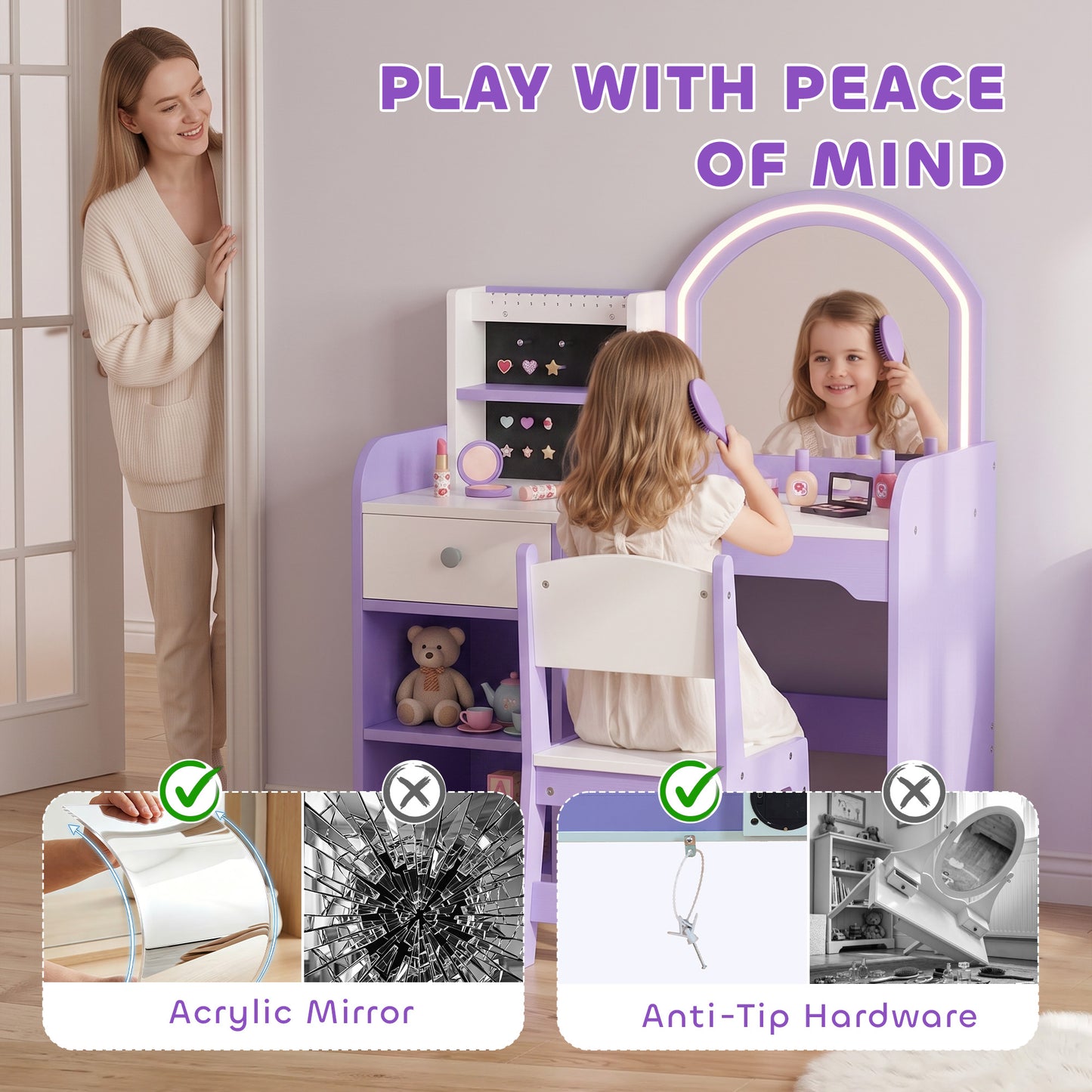 AIYAPLAY Kids Vanity Set, Kids Dressing Table with Stool, 2-Colour Lights Mirror, Pretend Dresser Gift for Ages 3-8, Purple