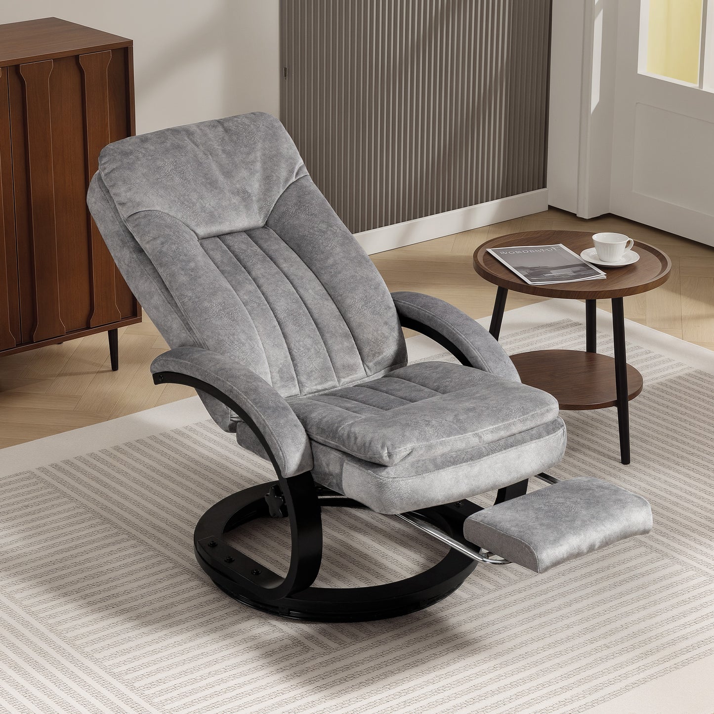HOMCOM Swivel Recliner Chair with Footrest, Manual Recliner Armchair with Wooden Base, Bedroom, Grey