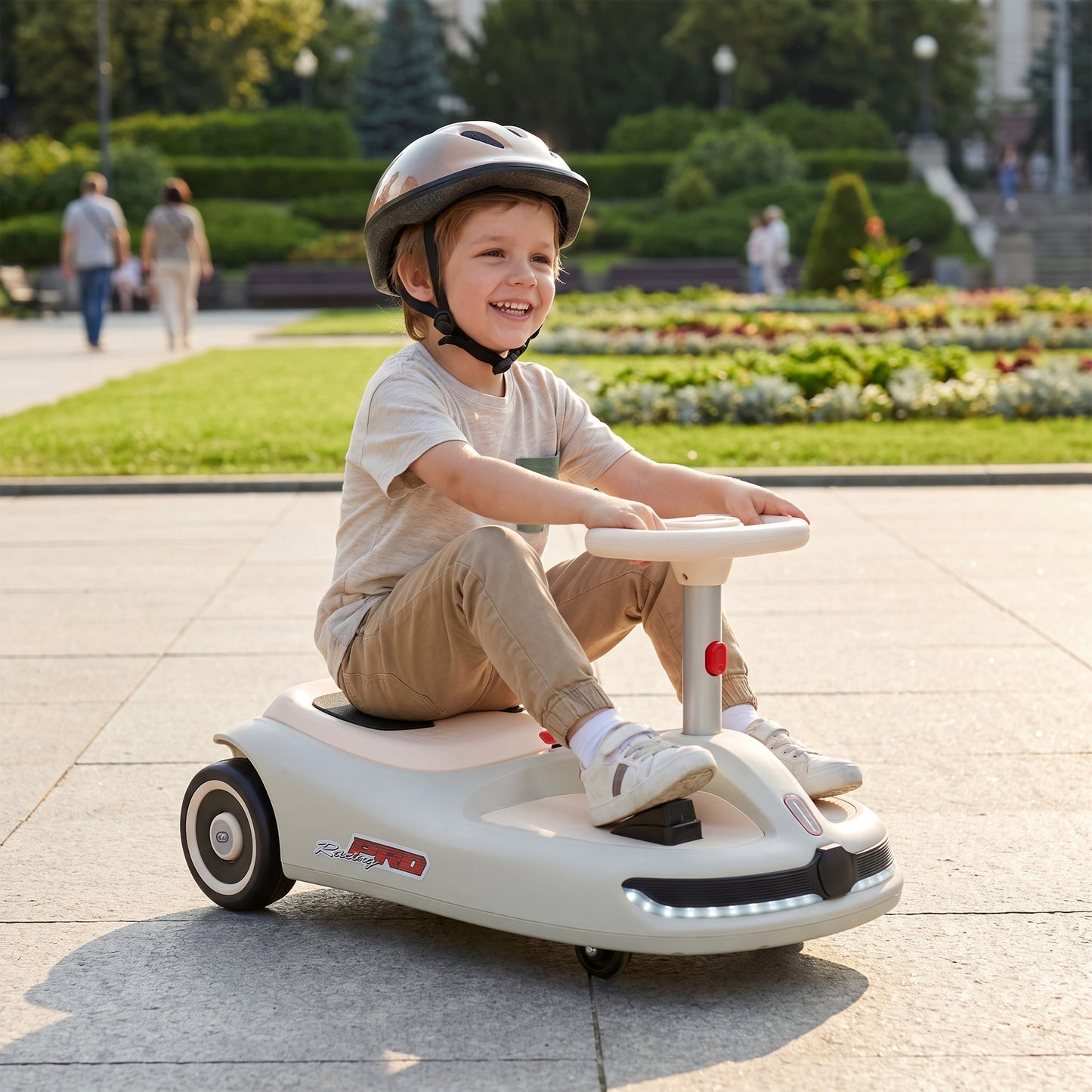 AIYAPLAY 12V Electric Wiggle Car with Pedal, Kids Electric Car with 2 Speeds, Soft Start, Music, Lights for 3-5 Years, White