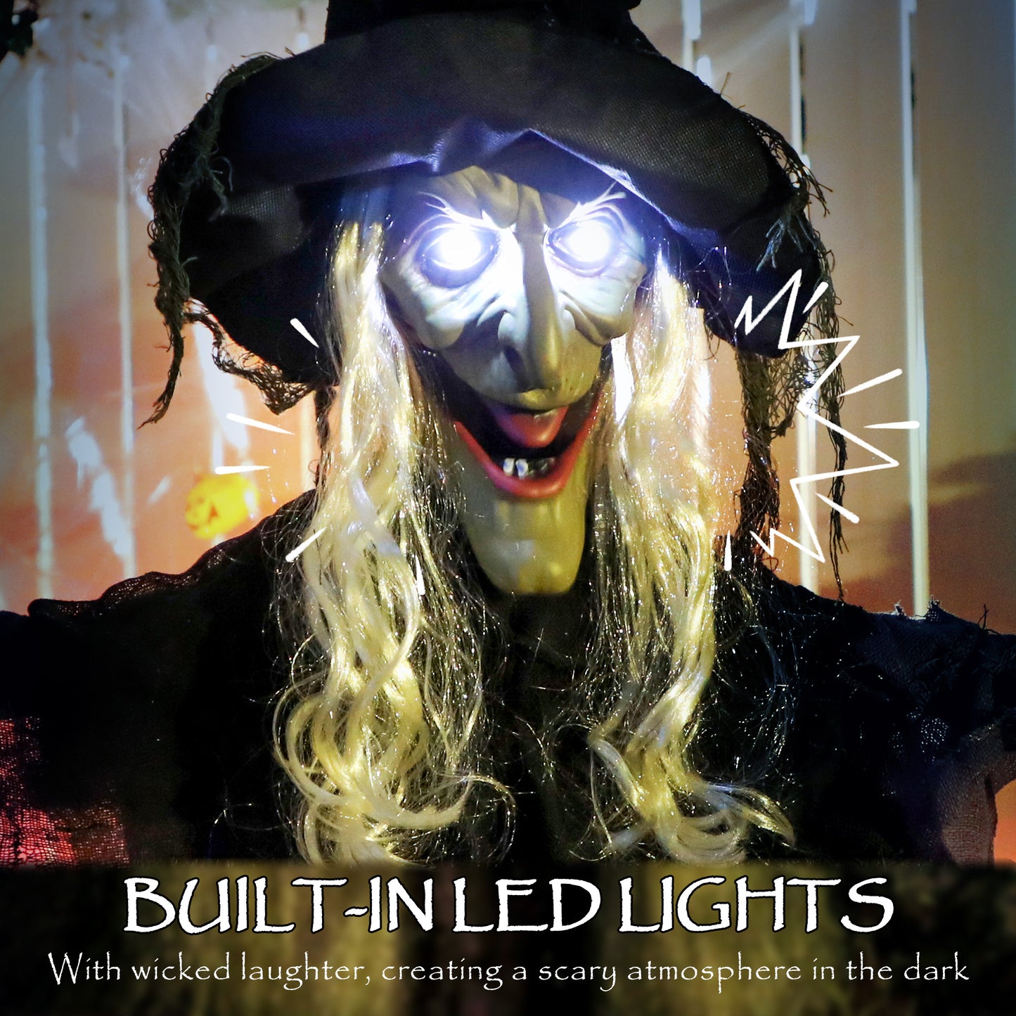 Outsunny Life Size Halloween Animated Hanging Witch, Glowing LED Eyes, Scary Decorations, Battery Operated, Indoor Props, 183 cm, Black