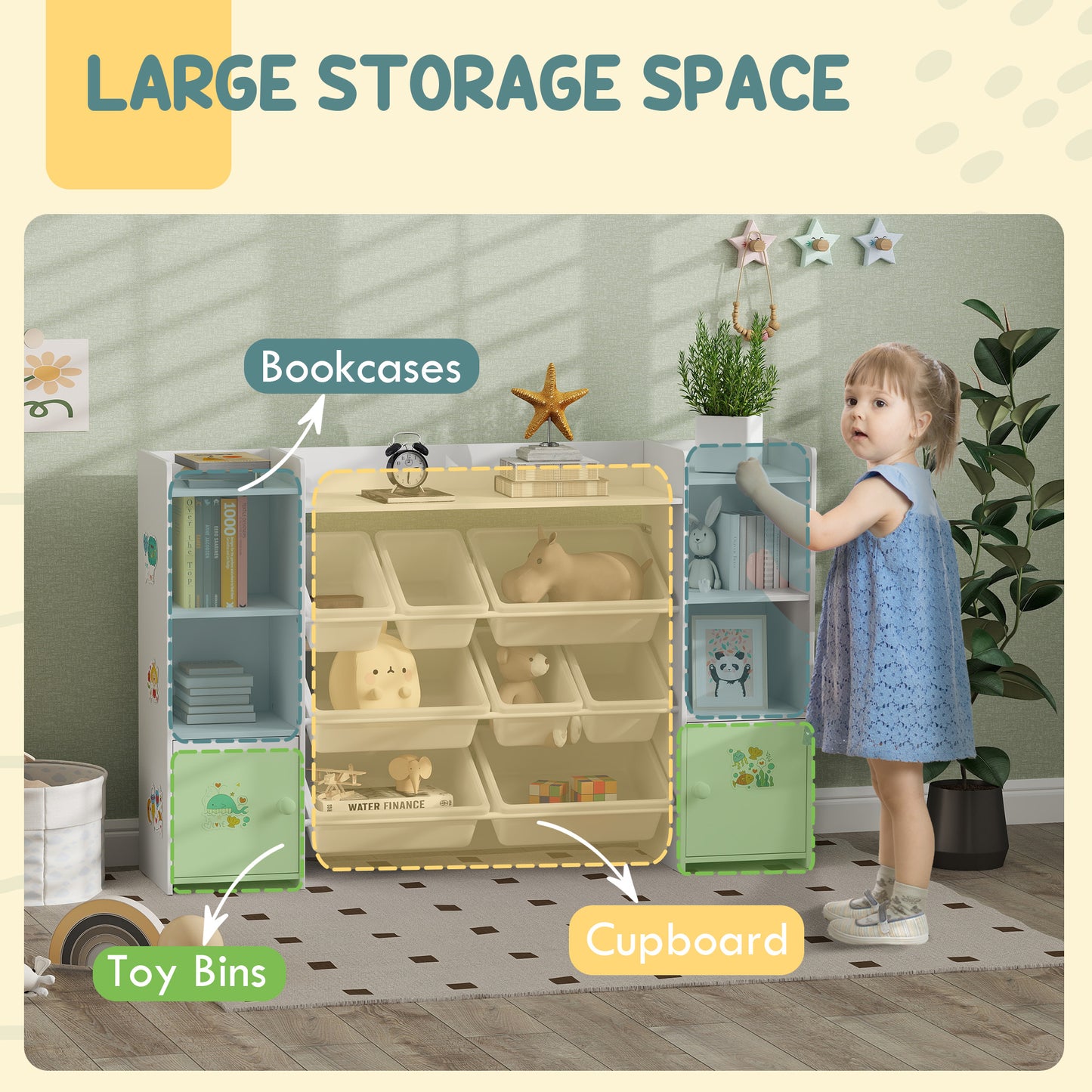 AIYAPLAY Kids Toy Organizers and Storage with 8 Removable Storage Bins and Bookshelf, White