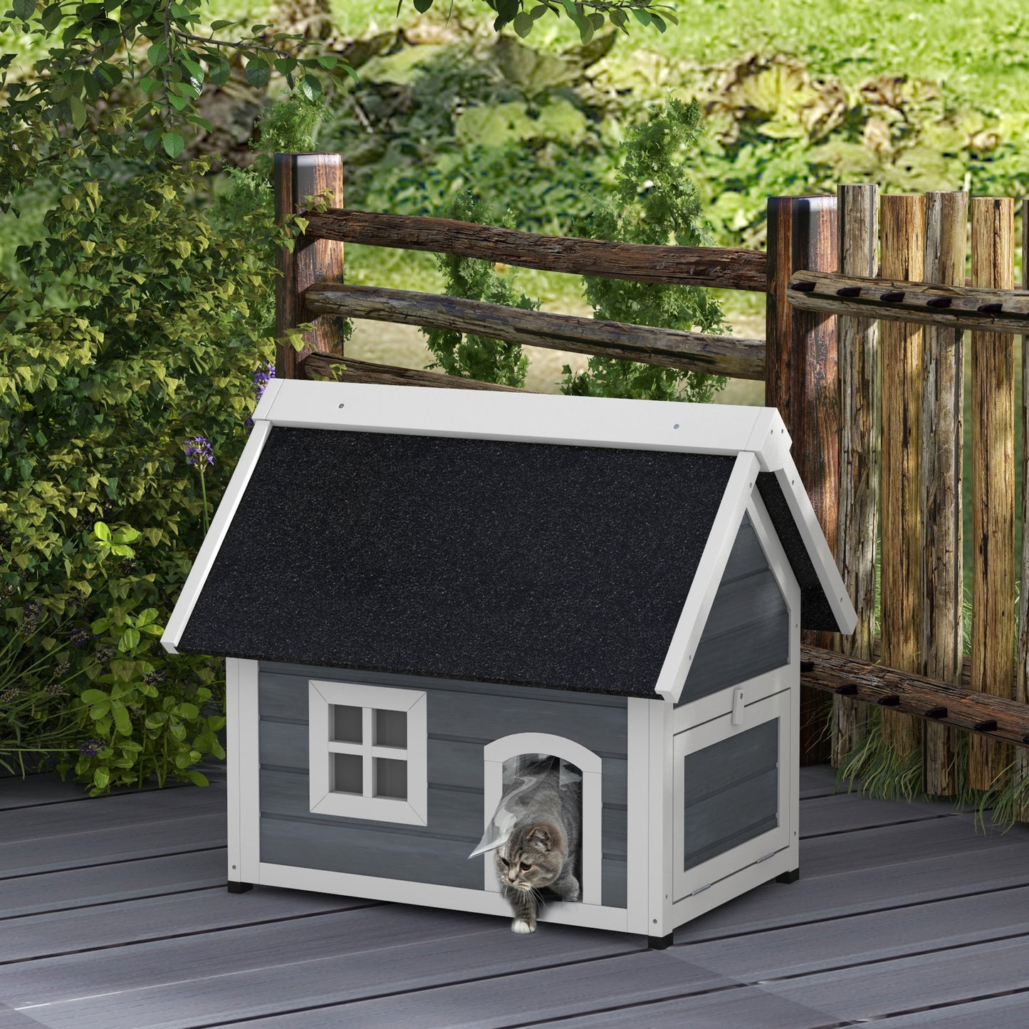 PawHut Outdoor Cat House Shelter Waterproof with Openable Roof and Three Doors 77 x 57.5 x 68 cm - Grey