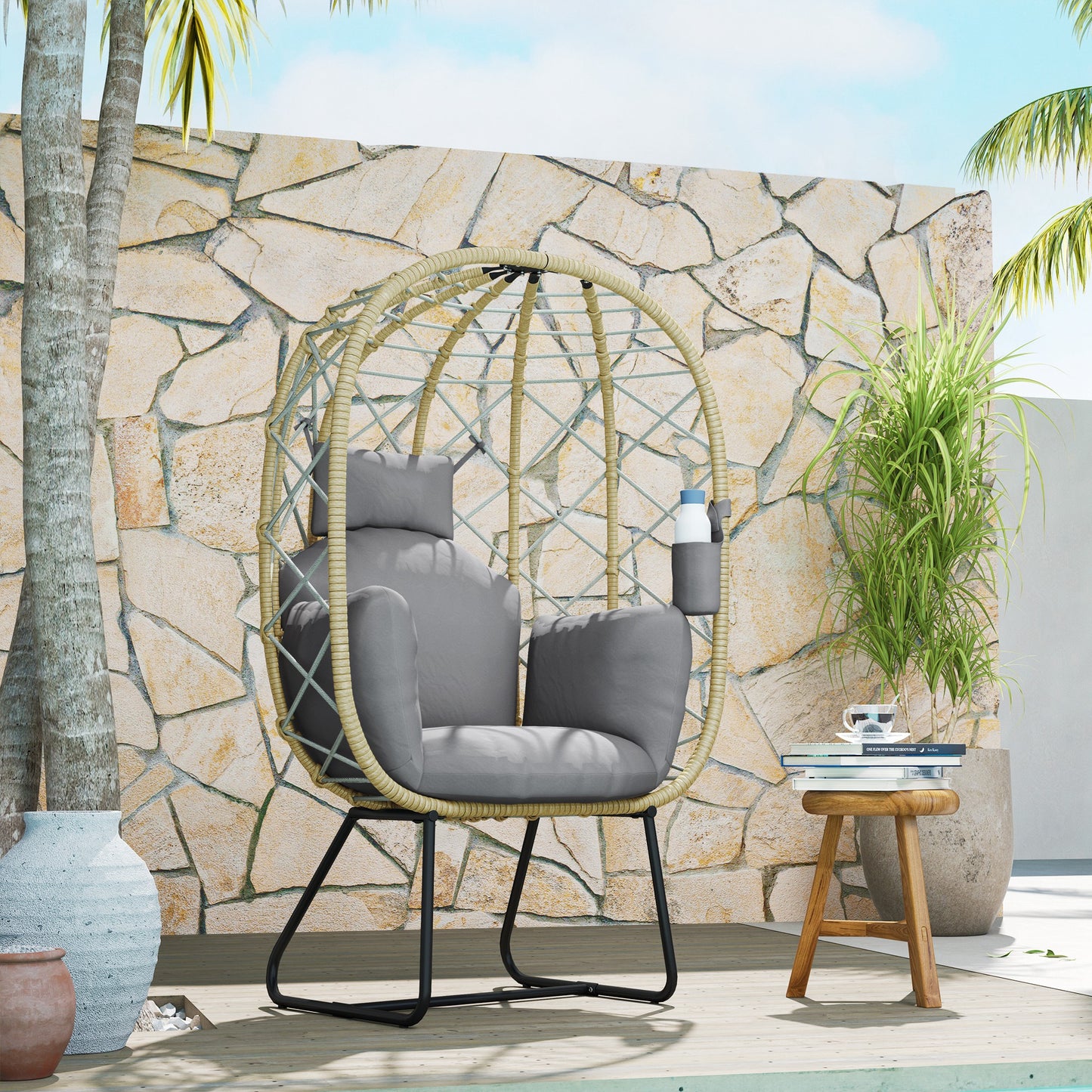 Outsunny Rattan Egg Chair for Outdoor/Indoor Use, with Cushion, Headrest, Cup Holder, Metal Frame, Grey