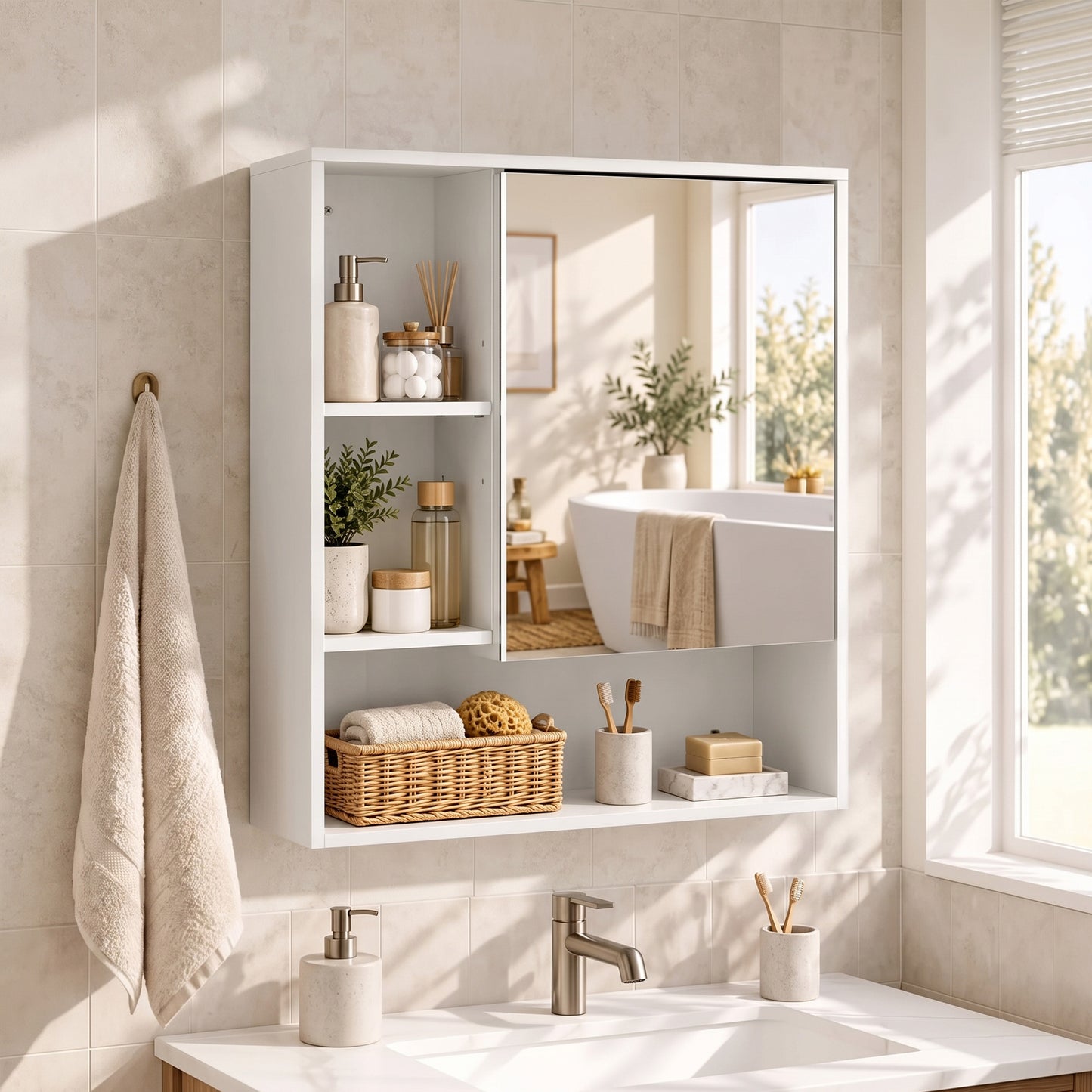 HOMCOM Bathroom Mirror Cabinet, Wall-Mounted Bathroom Cabinet with Mirror Door, Adjustable Shelves, White