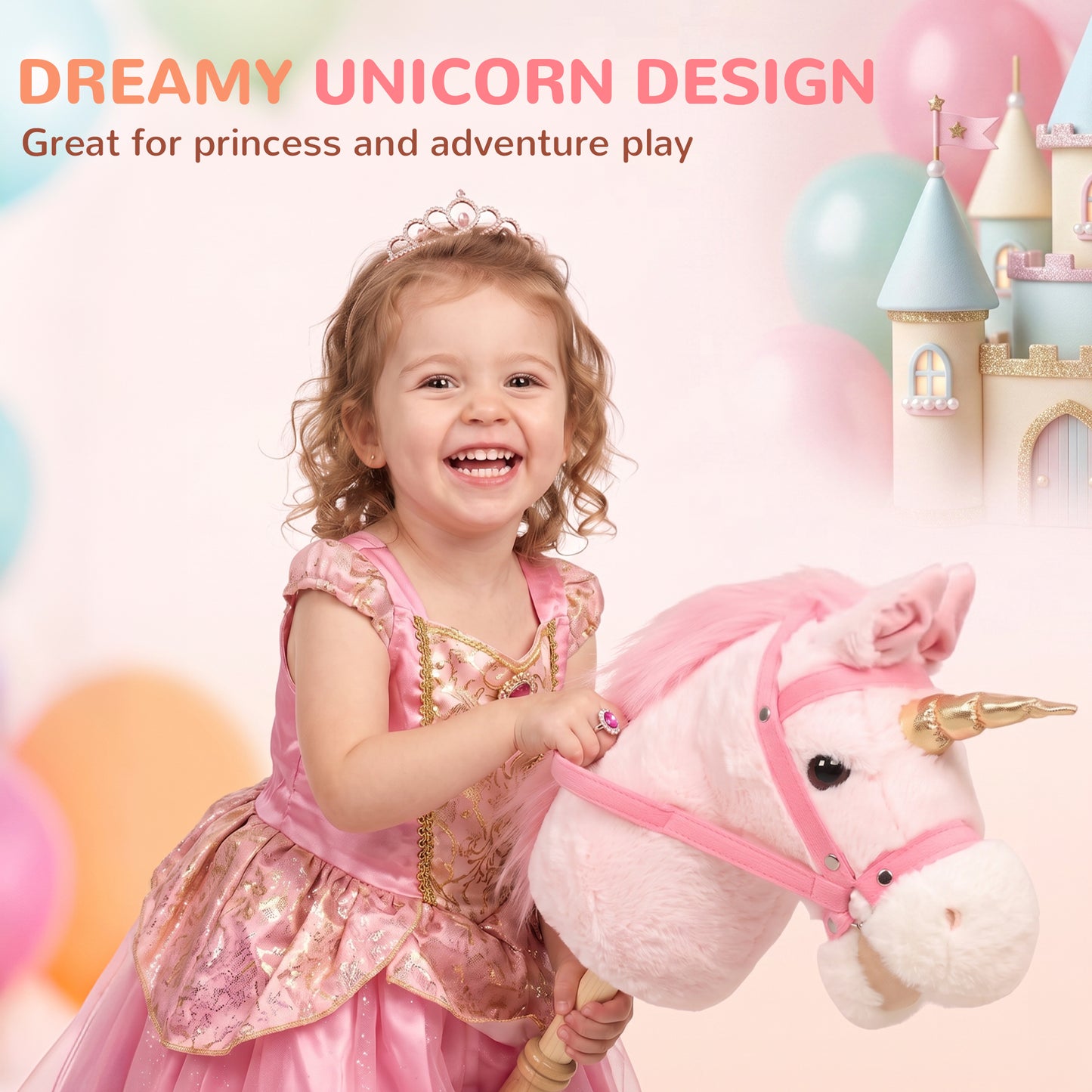 AIYAPLAY Hobby Horse with Wood Wheels, Stick Horse with Grip Handle, Sound, Plush Hobby Horse Toy for Imaginative Play, Pink