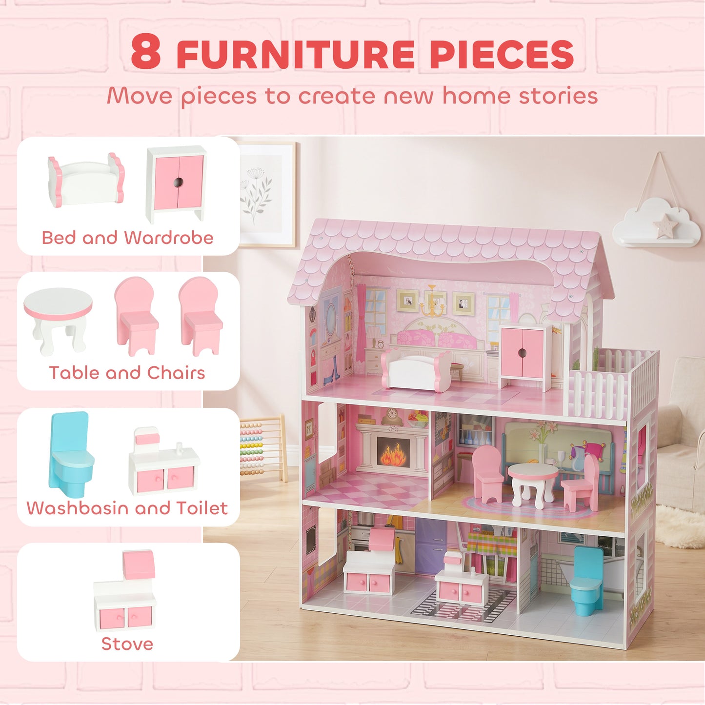 AIYAPLAY Dolls House, 6 Rooms Modern Dollhouse with LED Lights, 8 Furniture Pieces, 3-Level Playhouse Gift for Kids 3-6 Years