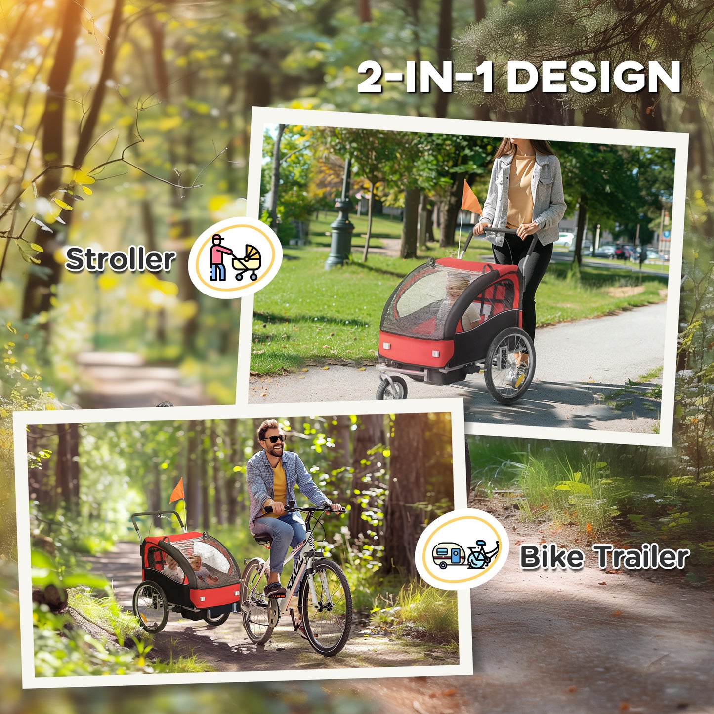 HOMCOM 2 Seat Bike Trailer with 5 Point Harness, Baby Bike Stroller with Safety Flag, Reflectors, for 18+ Months, Red