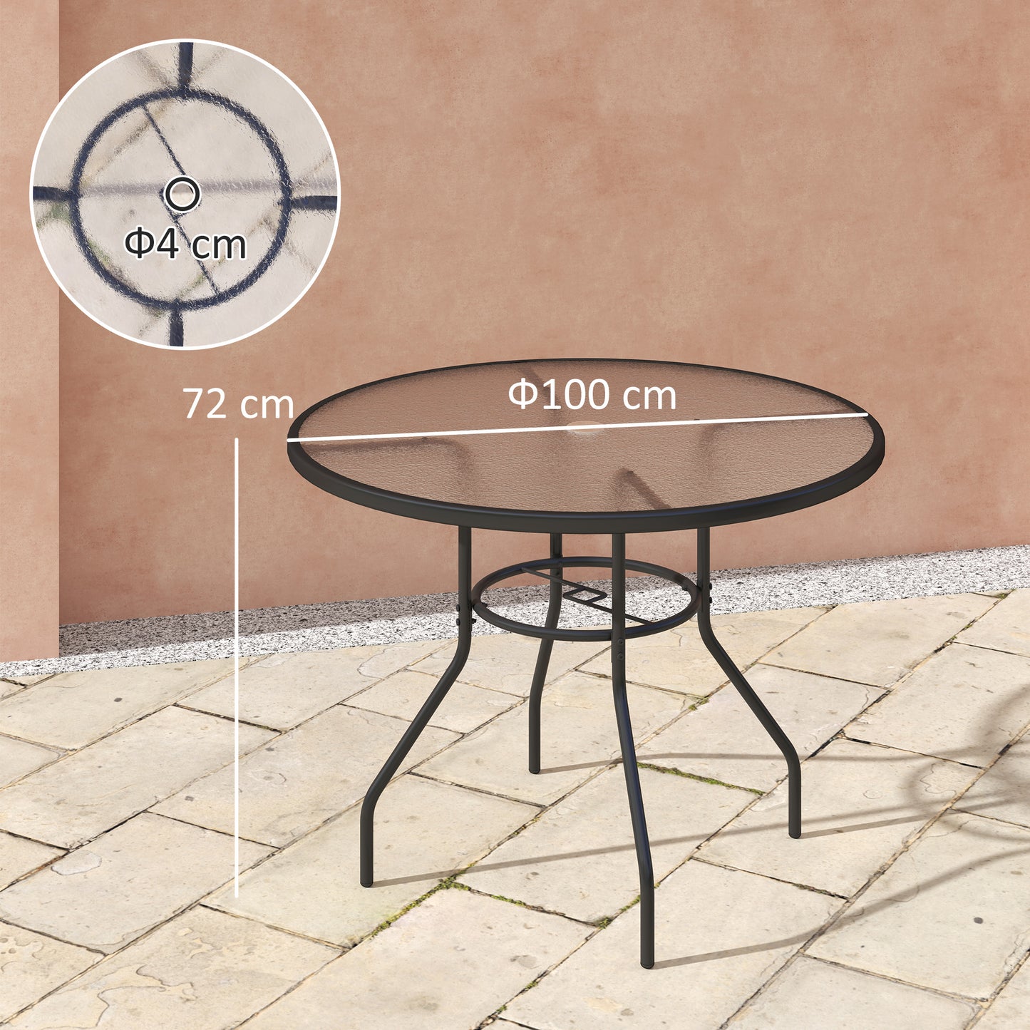 Outsunny 100 cm Round Dining Table with Parasol Hole, Outdoor Coffee End Side Table with Tempered Glass Top, Steel Frame for Garden, Black