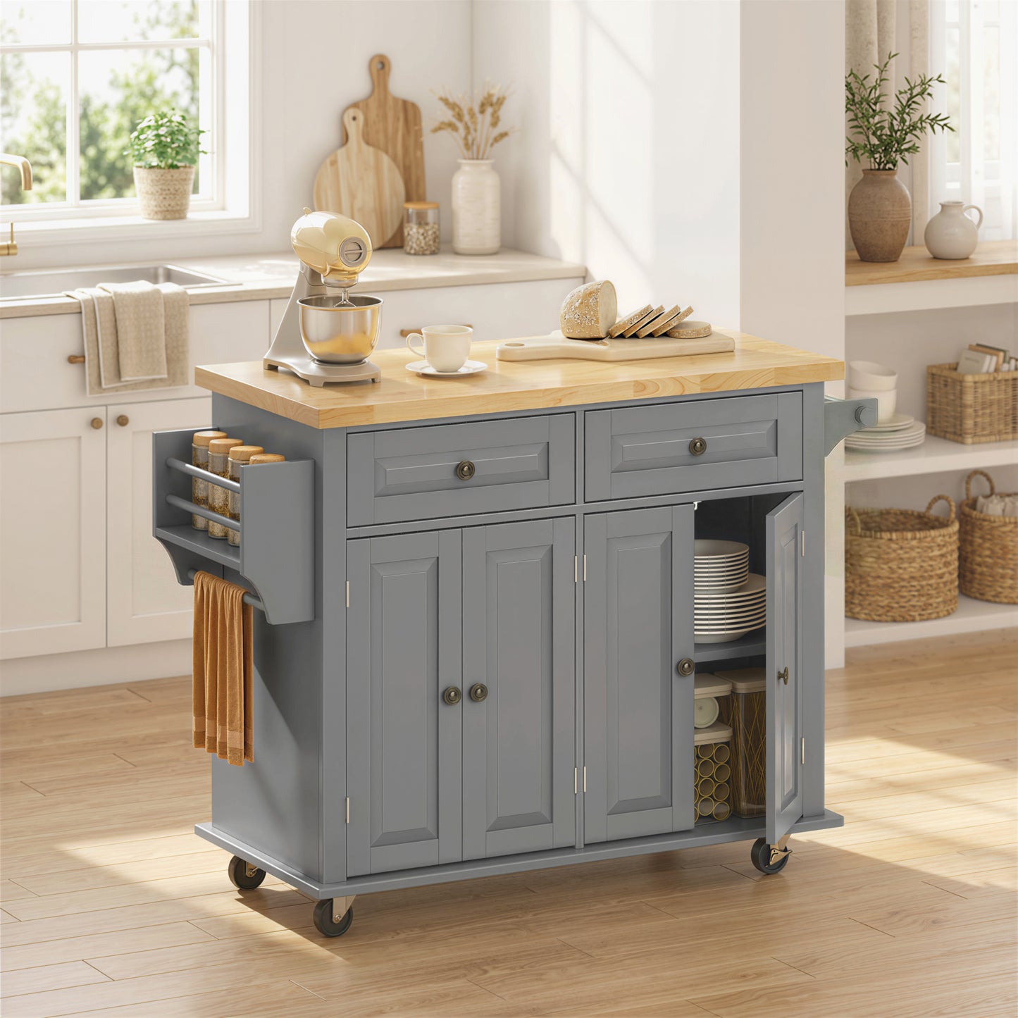 HOMCOM Kitchen Island on Wheels, Rolling Kitchen Trolley with Rubberwood Top, 2 Drawers, Adjustable Shelves, Grey