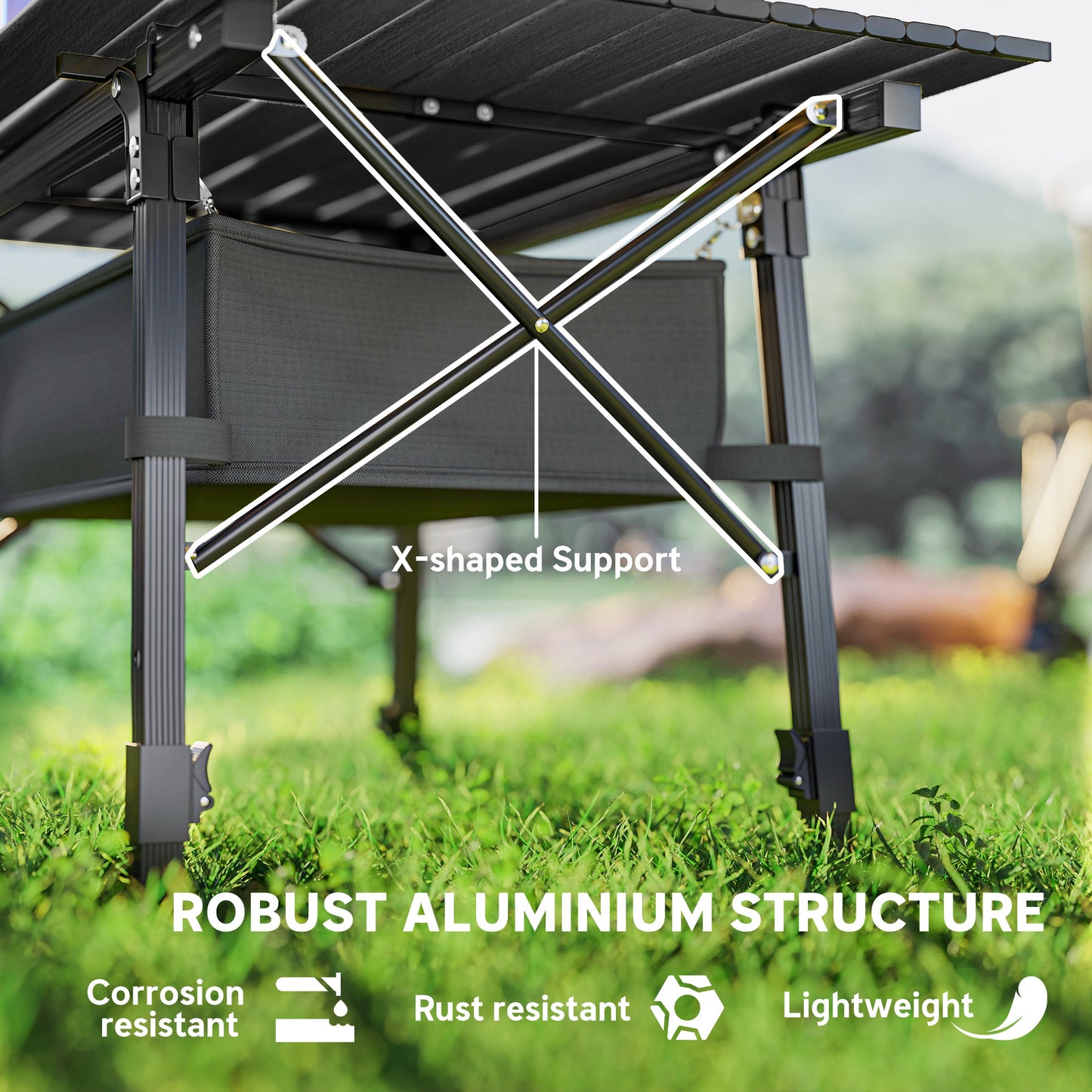 Outsunny Folding Camping Table, Height Adjustable Portable Aluminium Picnic Table with Storage Basket for Outdoor BBQ, Black