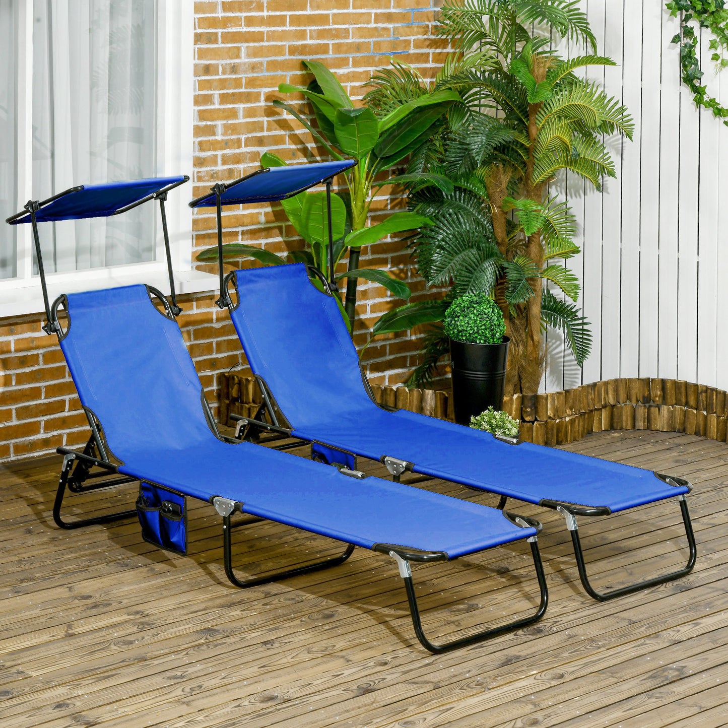 Outsunny 2 Piece Folding Sun Loungers, Adjustable Recliners with Canopy, Steel Frame, Garden/Beach, Blue