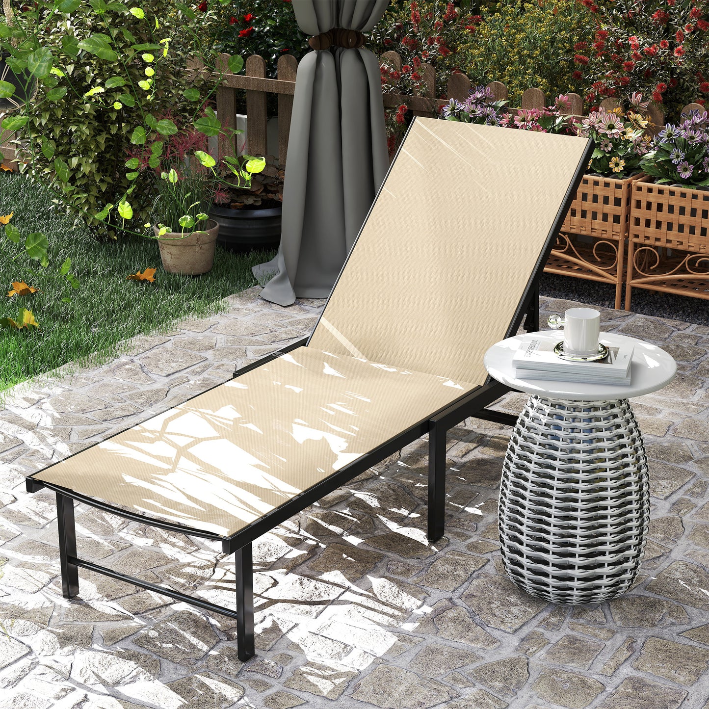 Outsunny 5-Level Adjustable Reclining Sun Lounger, Texteline Seat, Steel Frame for Garden, Patio, Beach, Sunbed Chair, Khaki