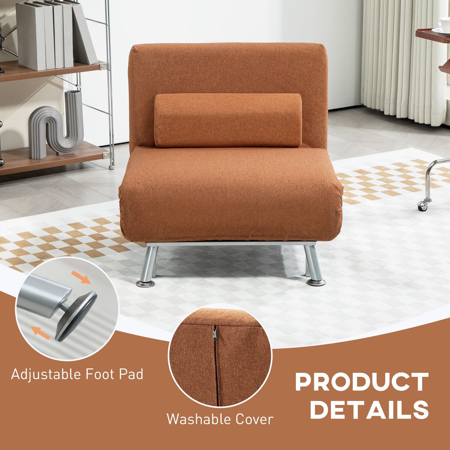HOMCOM Single Linen-Feel Sleeper Chair - Coffee