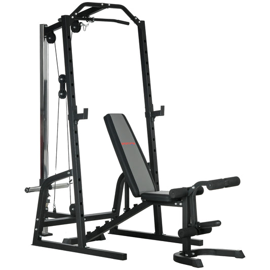 SPORTNOW Smith Machine & Cable Pulley System, Adjustable Weight Bench, Home Gym Power Rack with Lat Pull Down, Barbell Rack, Black