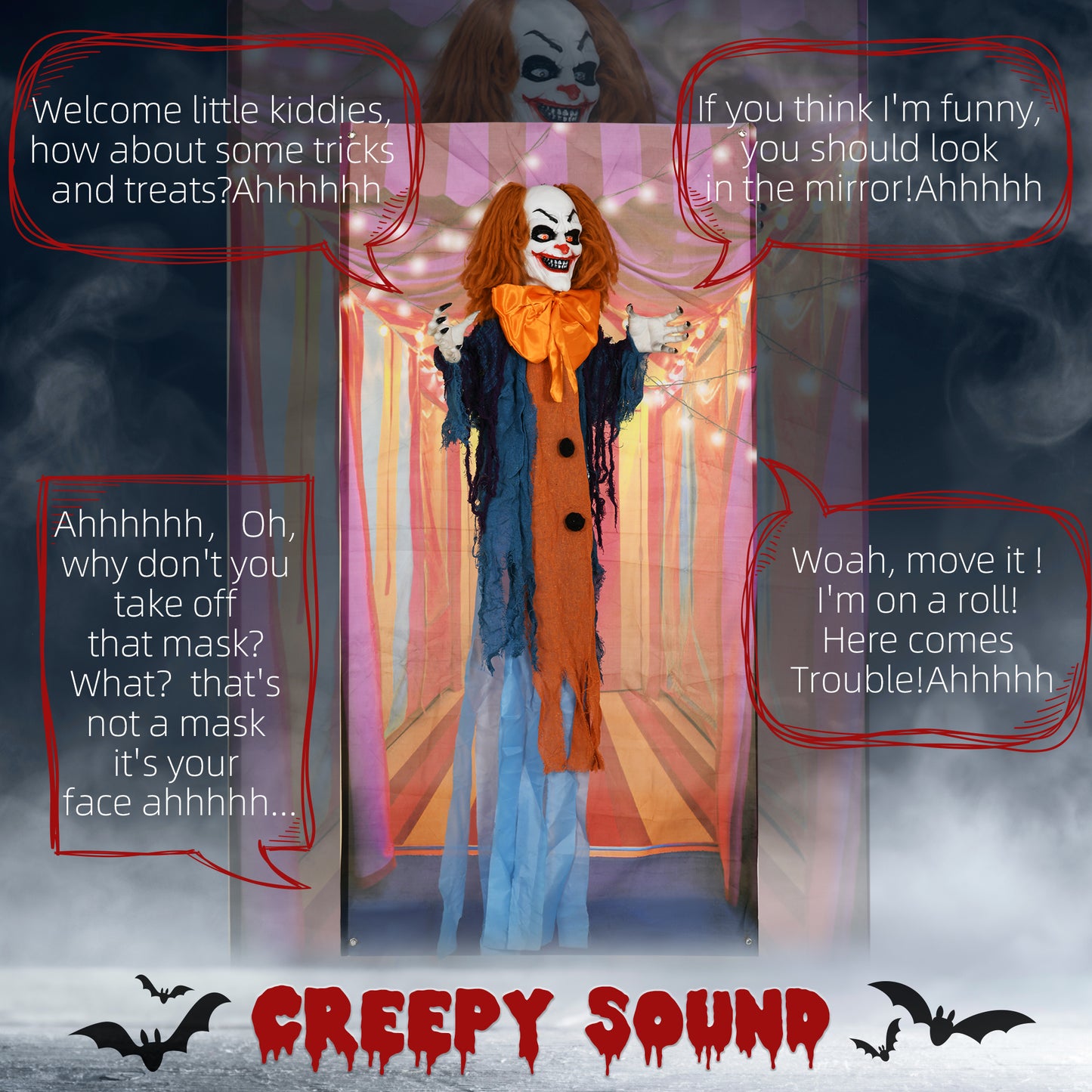HOMCOM Life Size Circus Clown Halloween Decoration, Animatronic w/ Sound Activated, Light Up Eyes, Sound Effects, Animated Prop - 168cm