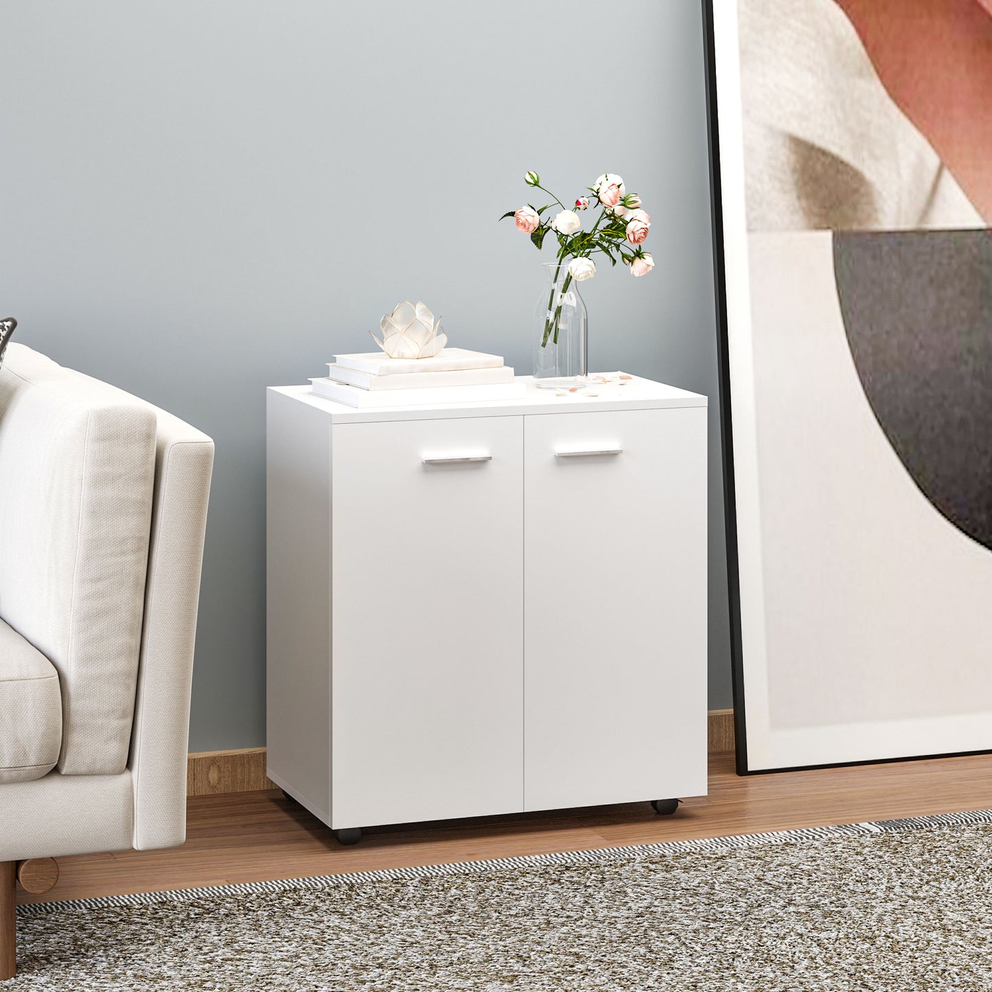 HOMCOM Mobile Sideboard Cabinet, Sideboard Storage Cabinet with 2 Doors and Internal Shelf for Office, 60 x 35 x 65 cm, White