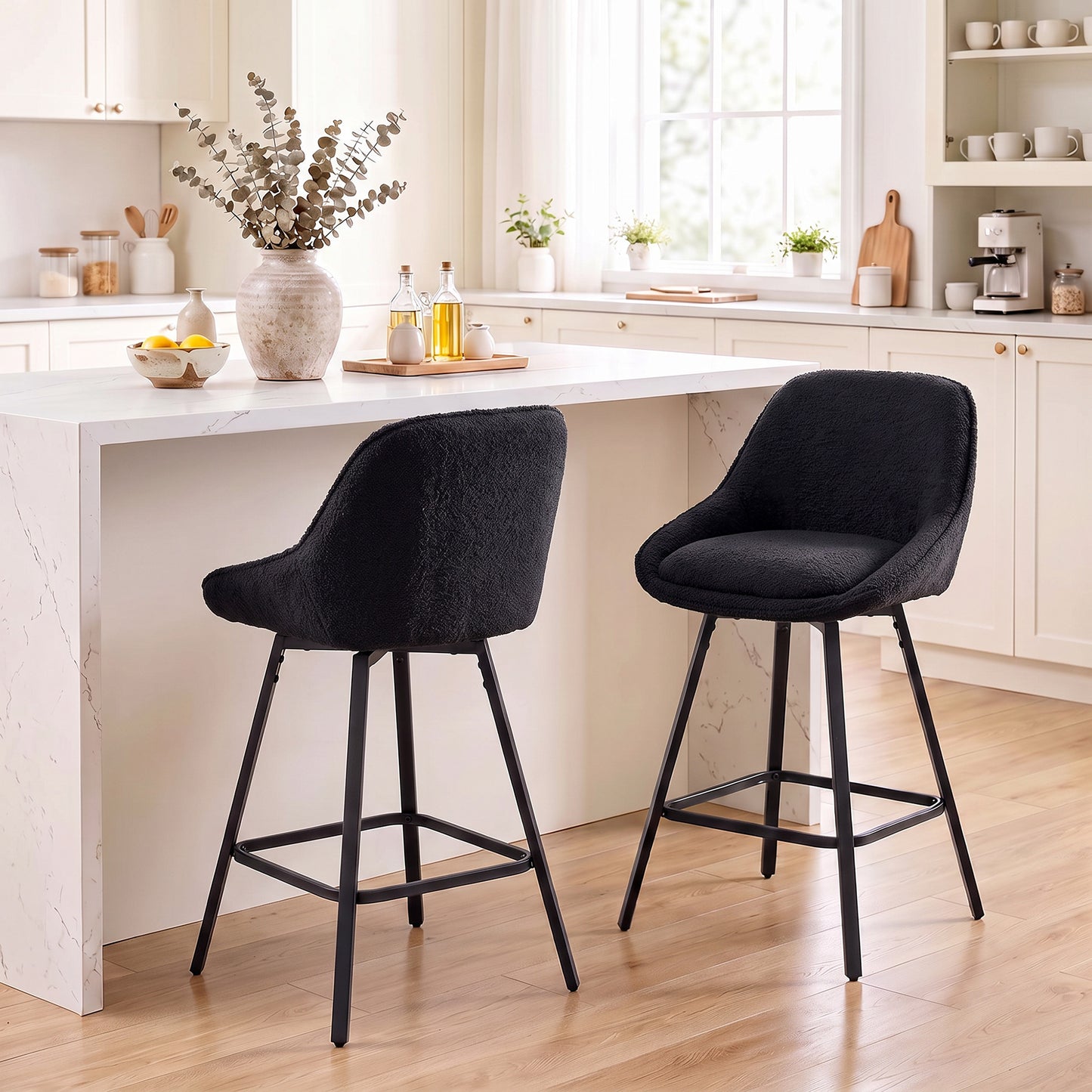 HOMCOM Bar Stools Set of 2, 64 cm Modern Linen-Touch Fabric 360° Swivel Counter Height Bar Chairs, Black