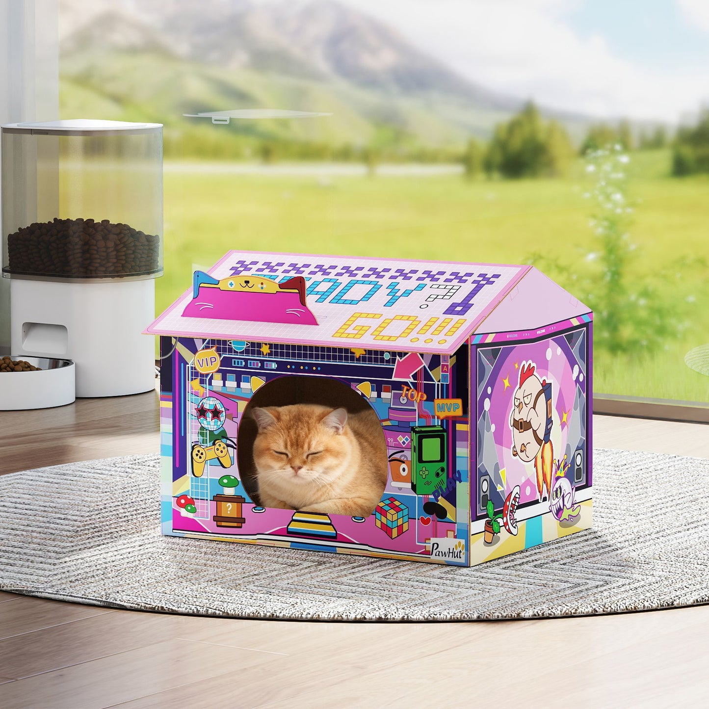 PawHut 2 in 1 Gaming Style Cardboard Cat House with Scratching Board & Catnip for Indoor Cats, Pink