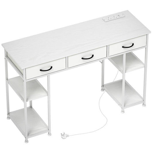 HOMCOM 120cm Computer Desk with Power Outlets, Office Desk Study Table with 3 Fabric Drawers and 4 Storage Shelves, White