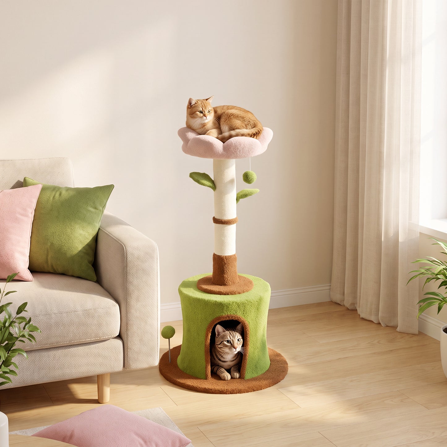 PawHut Cat Tree for Indoor Kittens, 88cm Flower Cat Tower with Condo & Bed, Scratching Post, 2 Toy Balls and 2 Crinkle Leaves