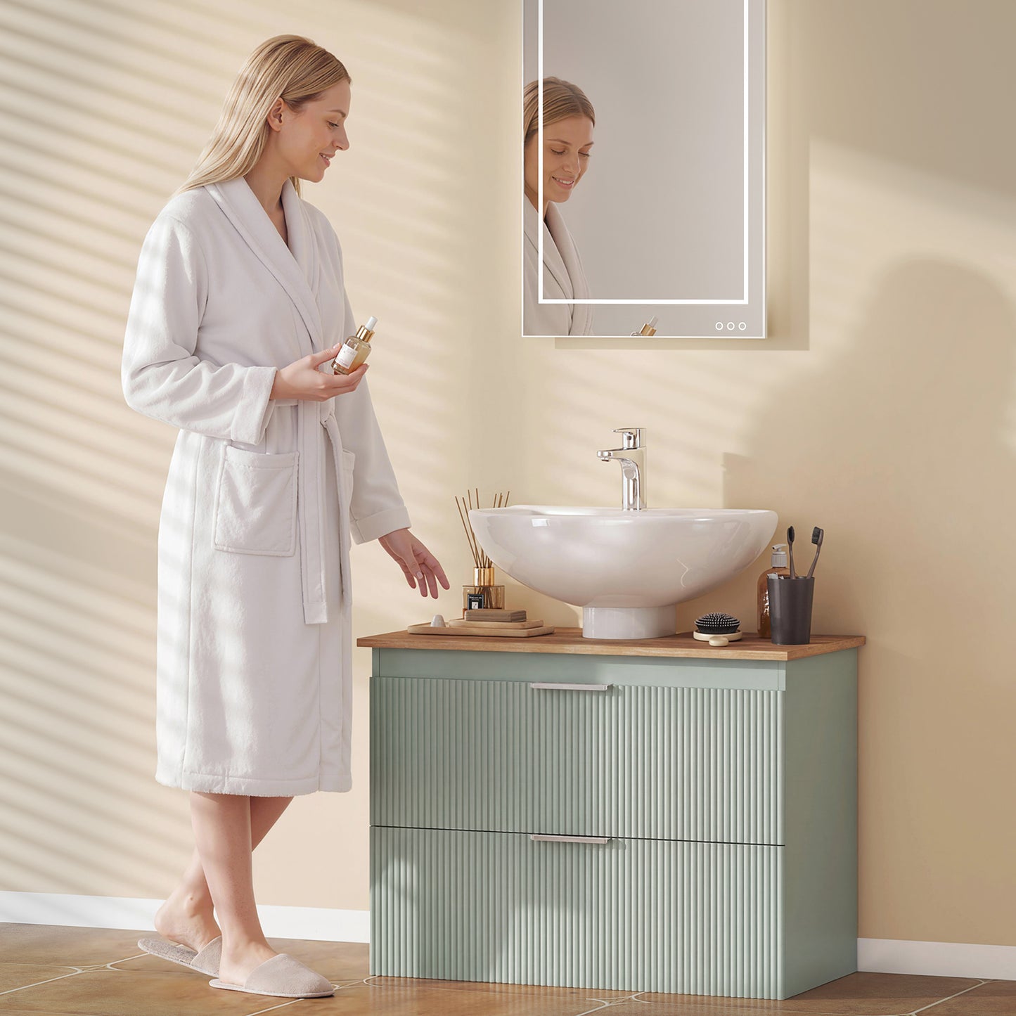 HOMCOM Under Sink Cabinet with 2 Drawers, Under Sink Bathroom Cabinet for Sink with or without Pedestal, Green and Natural Wood