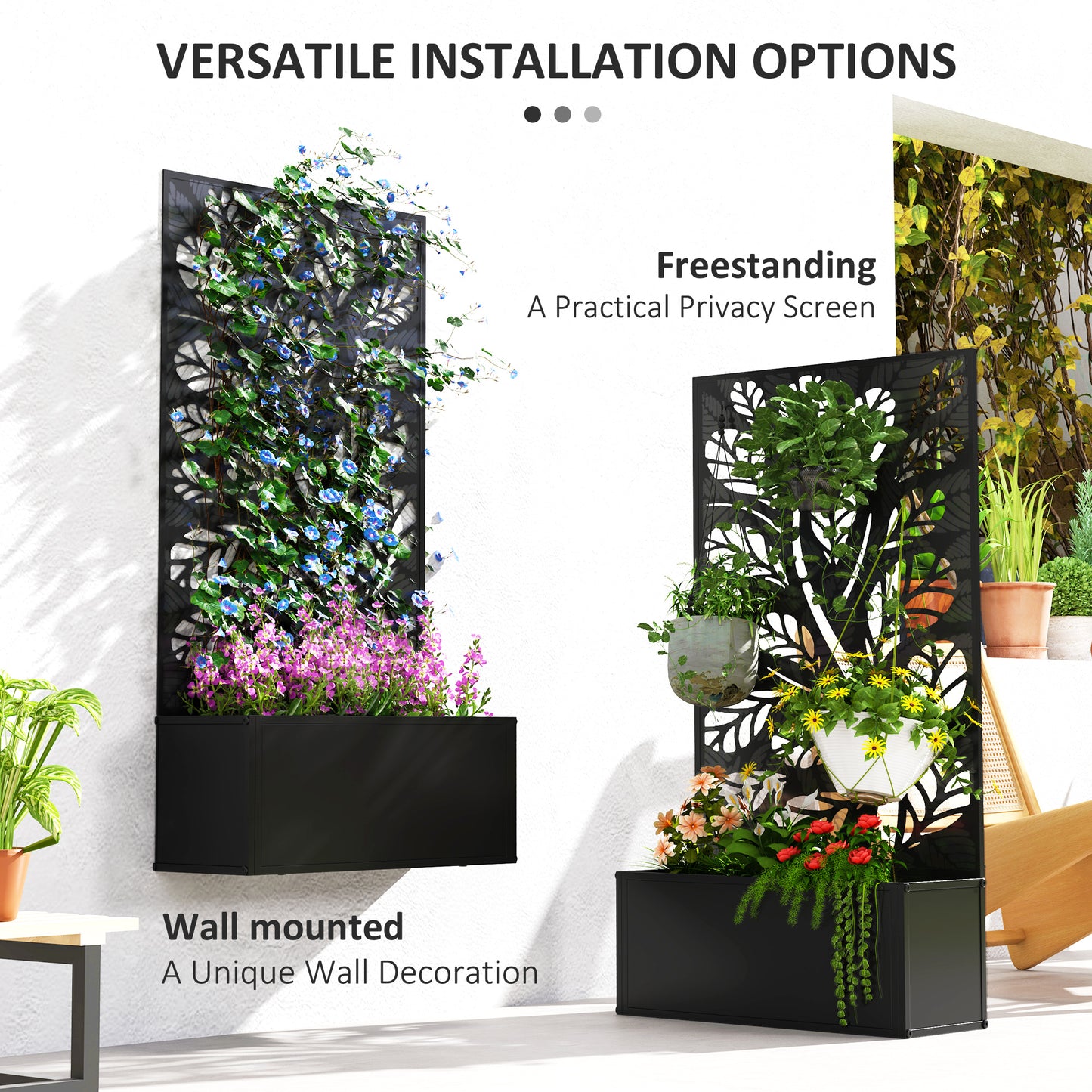 Outsunny Outdoor Metal Planter, with Tree Back Trellis - Black