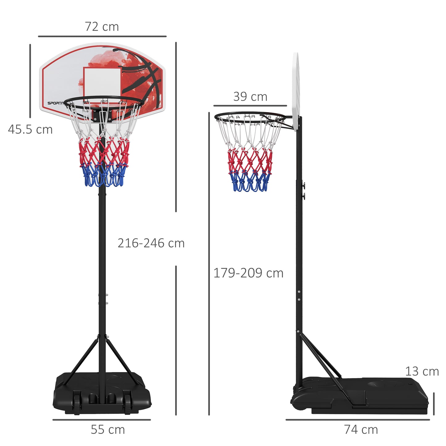 SPORTNOW Adjustable Basketball Stand Net System with Wheels Enlarged Base PE Backboard 179-209cm